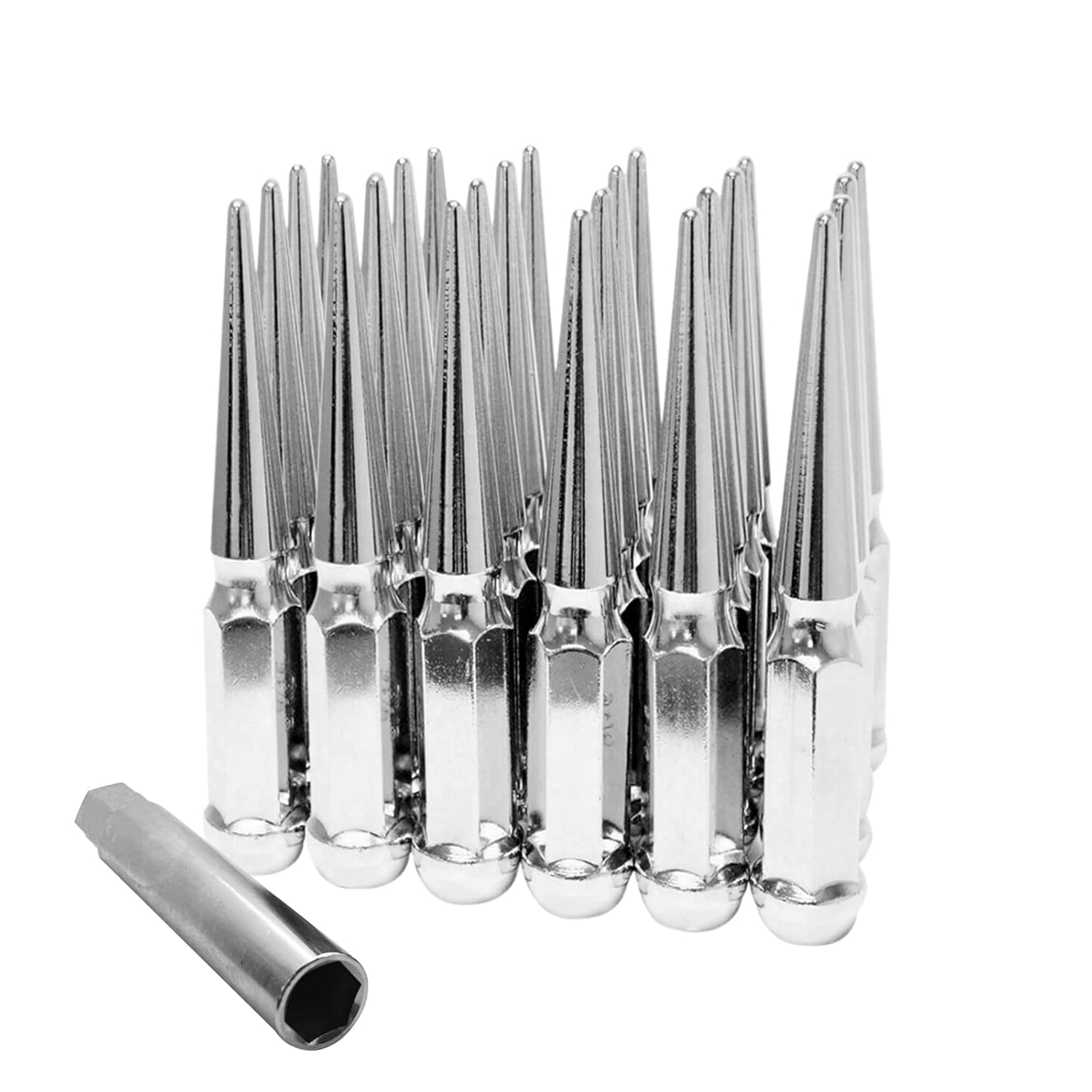 6" Tall M14x1.5 Spike Lug Nuts with 1 Socket Key, 0.9" Width, Closed End, Cone Seat One Piece Design, 24 Pack, Chrome