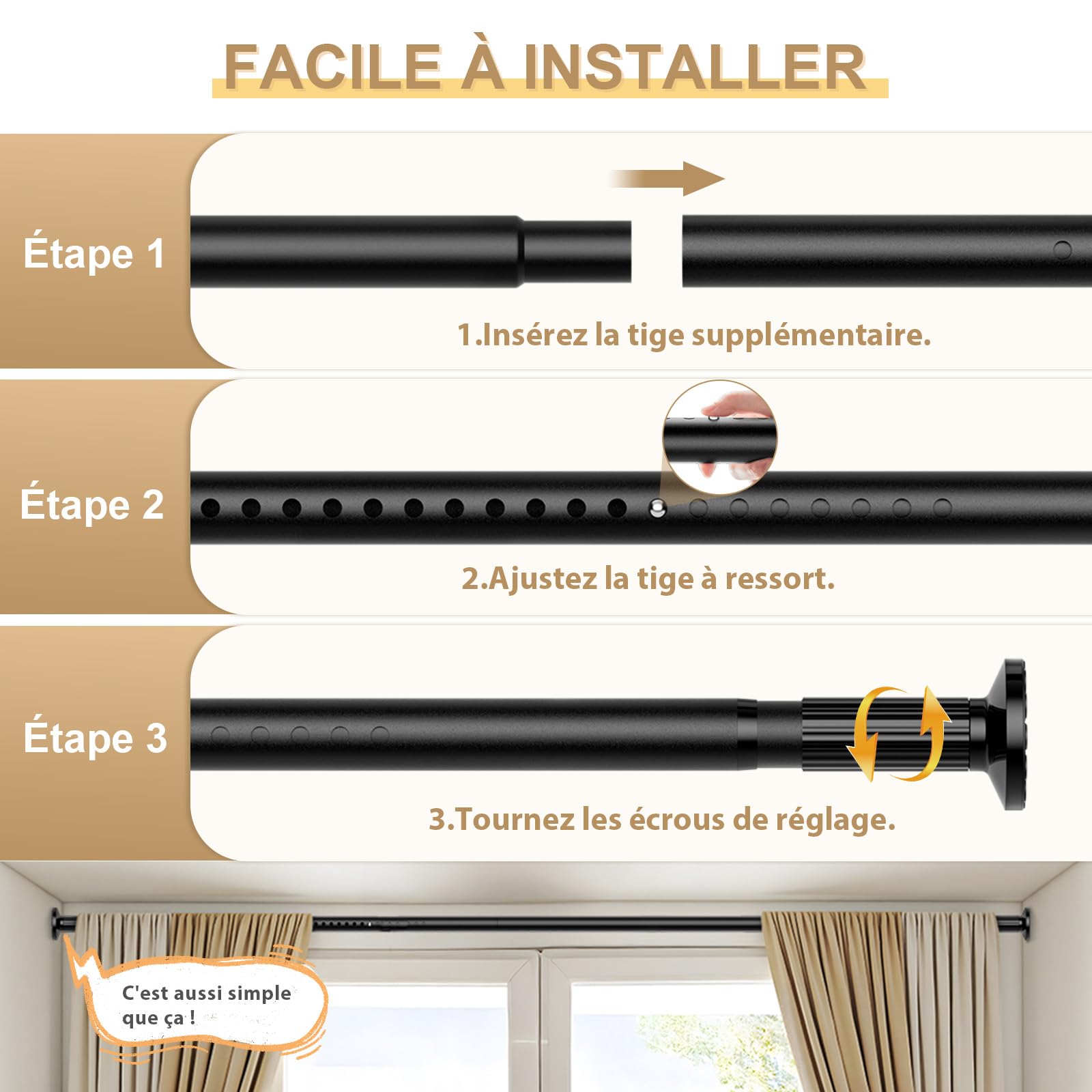 Extensible Tringle à Rideau 128-227cm Noir, Diamètre 32mm, 1 Pièce Tringle Rideau Extensible Sans Percage, Barre de Tension Télescopique, Pour Rideau de Salle de Bain, Fenêtre, Balcon