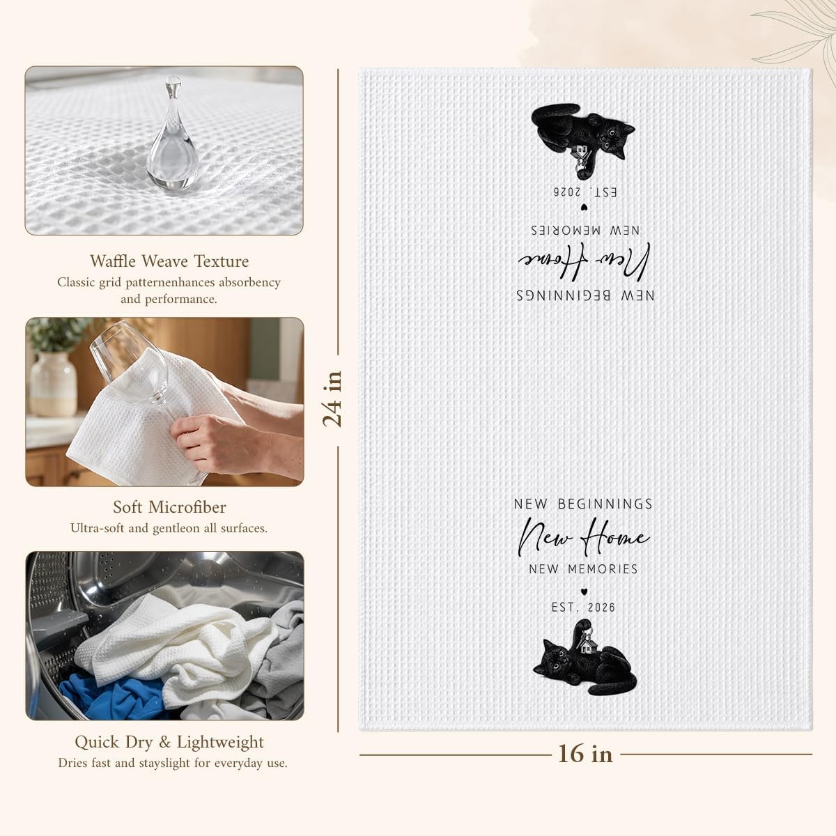 New Home Kitchen Towels, Black Cat Housewarming Gifts for Women, Polyester Waffle Weave Dish Towels, New Homeowner Hand Towels, Cat Lover Decor image 2