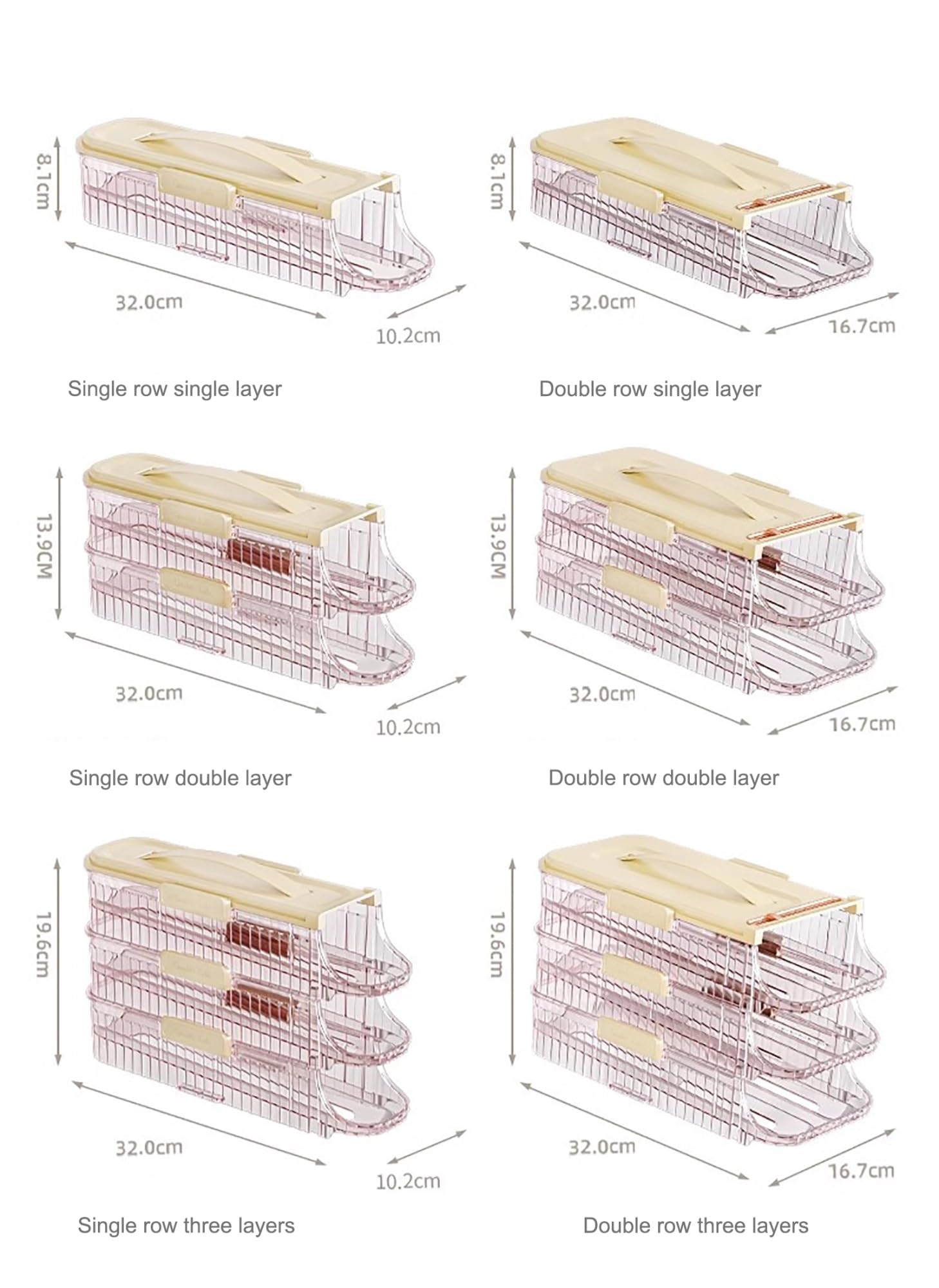 Contenedor y bandeja de plástico transparente for huevos, estante for almacenar huevos de 1, 2 o 3 niveles, dispensador de huevos apilable con tapa resistente(Holder 48 Eggs-32x16.7x19.6cm)