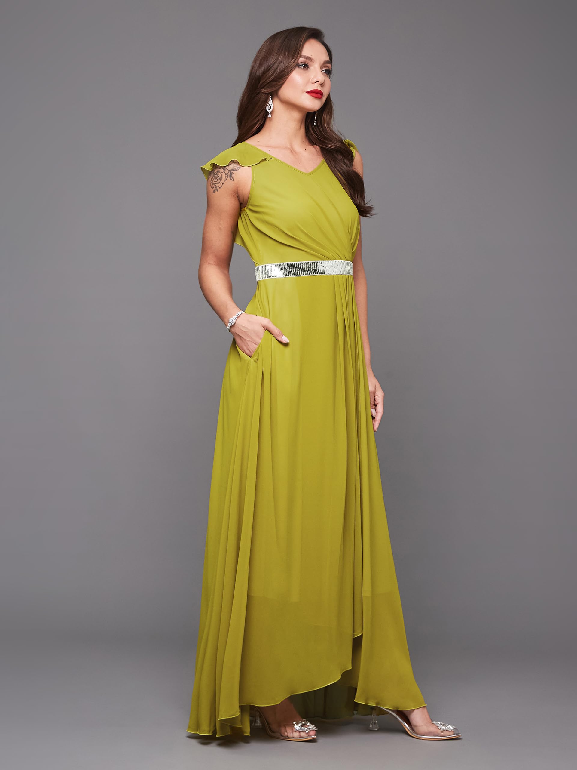 Miss Chase Women's V-Neck Ruffled Sleeve Solid Embellished Maxi Dress With Pockets (Mcaw21D06-17-311-05, Lemon Green, L)