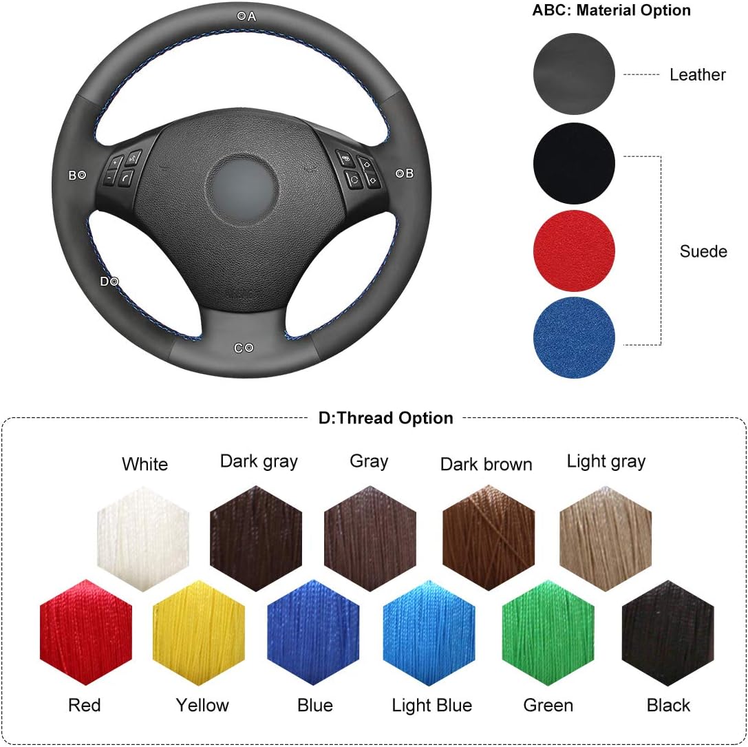 MEWANT Steering Wheel Cover for BMW 3 Series E90 E91 E92 E93 2006-2011 Hand Stitch Black Genuine Leather and Synthetic Suede Car