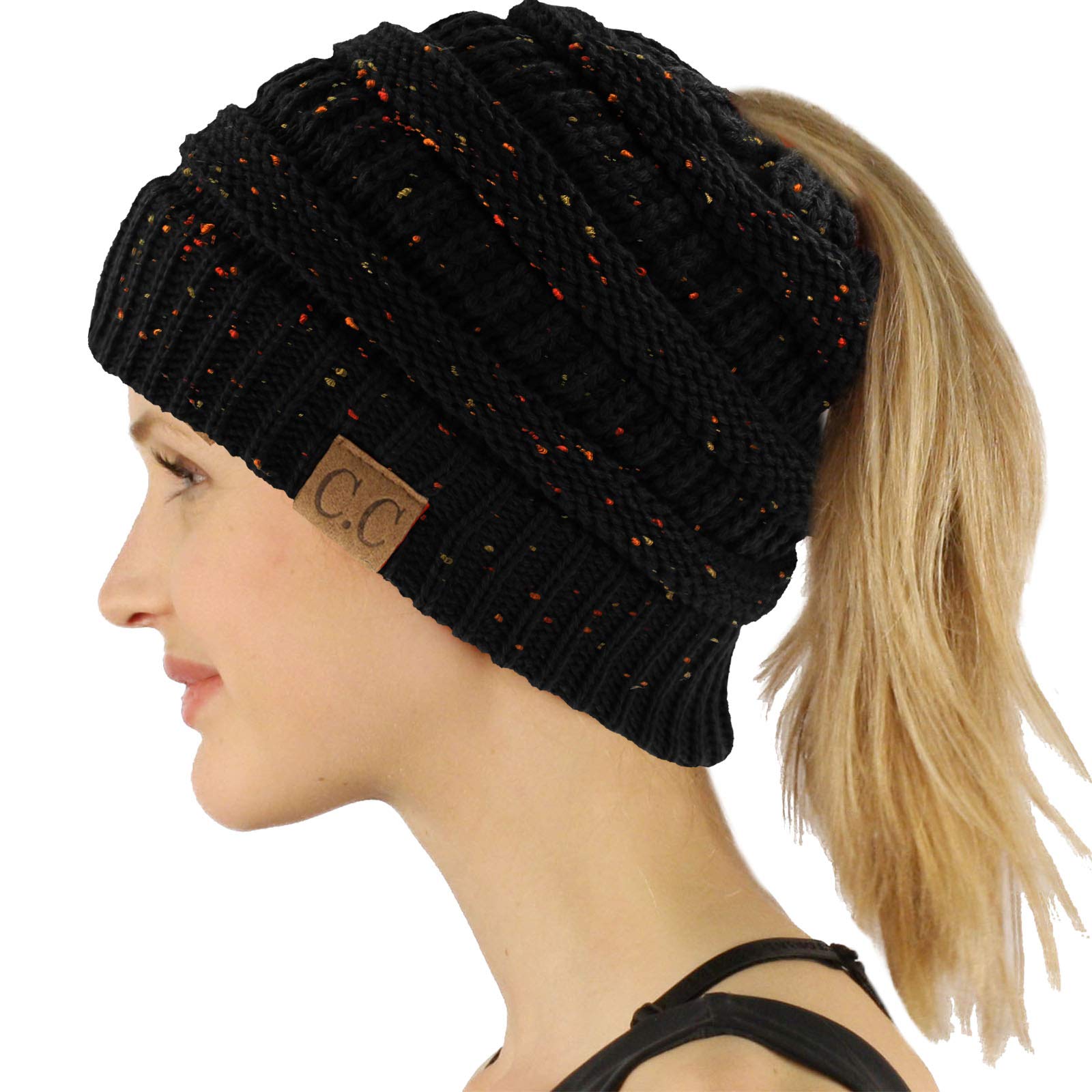 C.CExclusives Soft Stretch Cable Knit Messy Bun Ponytail Beanie Winter Hat for Women (MB-20A)