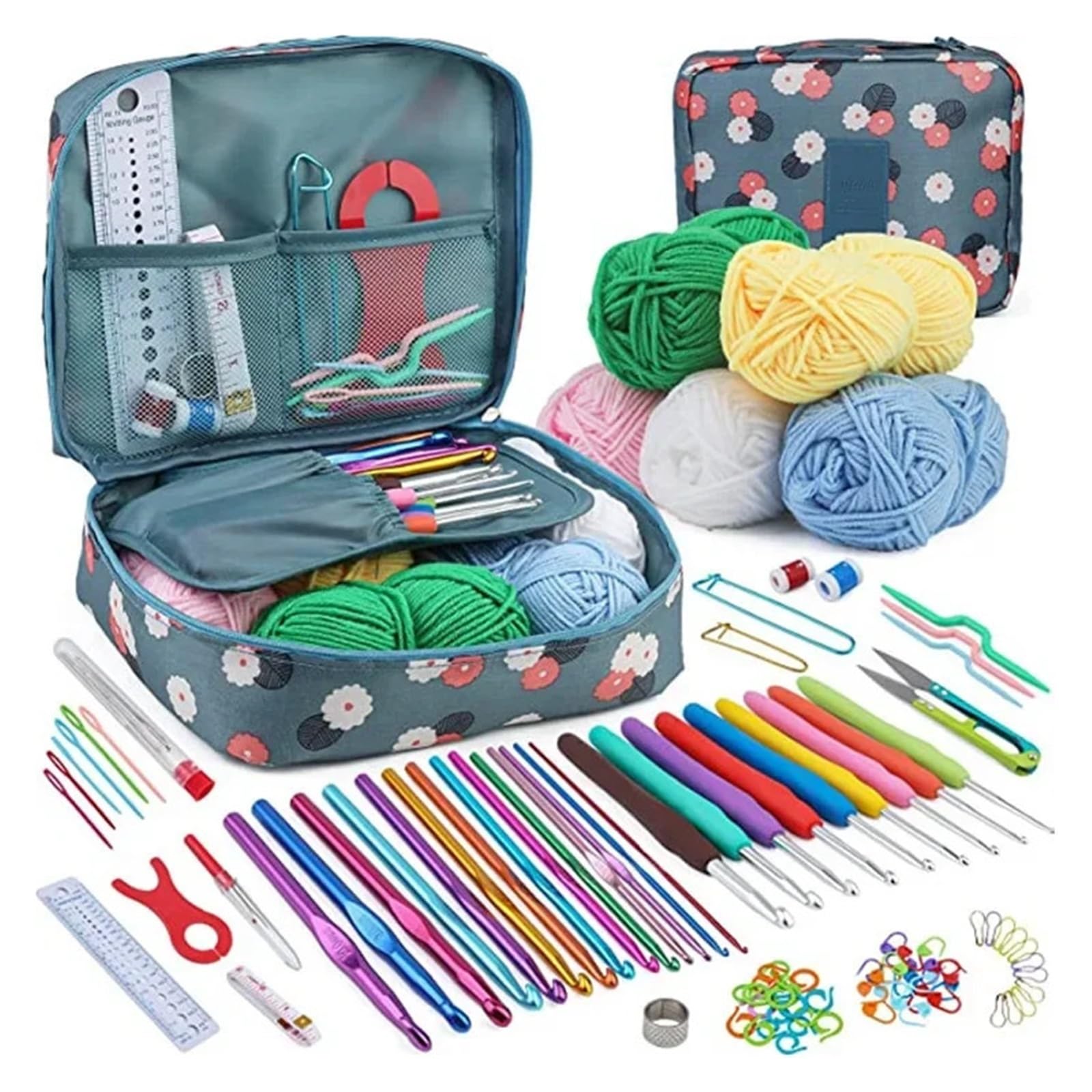 OPIGJUFD Kits de Ganchillo Juego de bolsa crochet portátil, herramienta for tejer lana, regla costura, agujas, hilo, kit completo material para Proyectos de Manualidades(107 pcs set)