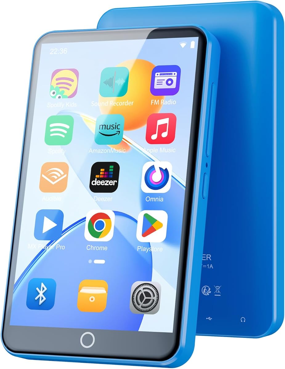 80GB MP3 Player with Bluetooth and WiFi, Android MP3 & MP4 Players with 4" Touchscreen and Speaker, MP3 Music Player with Spotify, Audible, Amazon Music, Play Store (Blue)