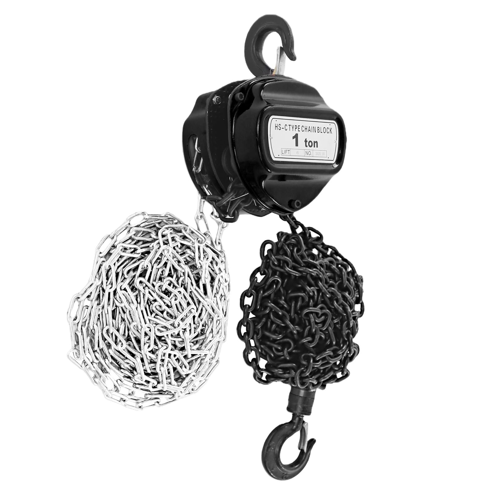 Palan à chaîne 1000 kg, hauteur de levage 6 m, acier au manganèse G80 + acier inoxydable, palan à chaîne manuel 1T (noir)