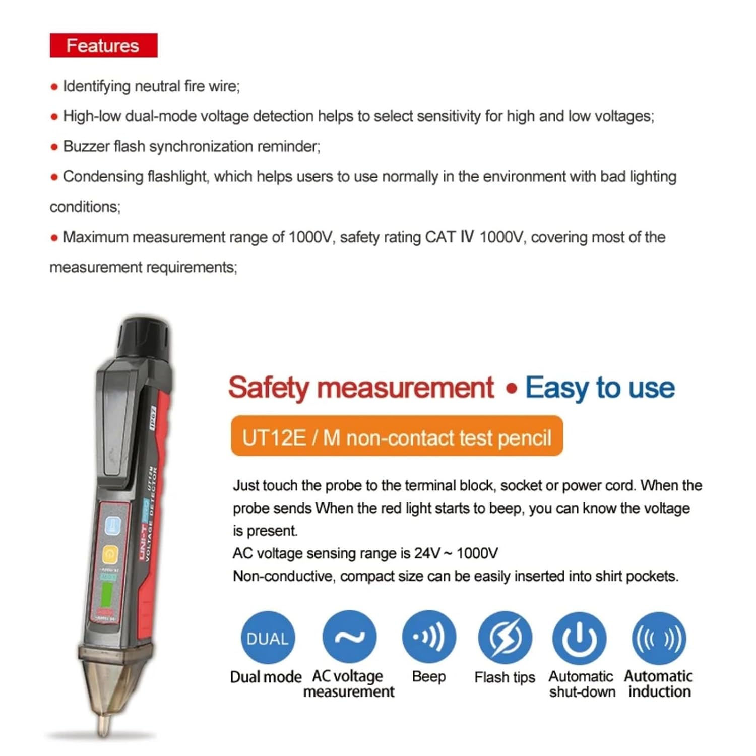 UNI-T AC Voltage Detector Meter UT12E 24V-1000V Non Contact Voltage Tester,Voltage Test Pencil with Vibration+Sound and Light Dual Alarm (UT12E)