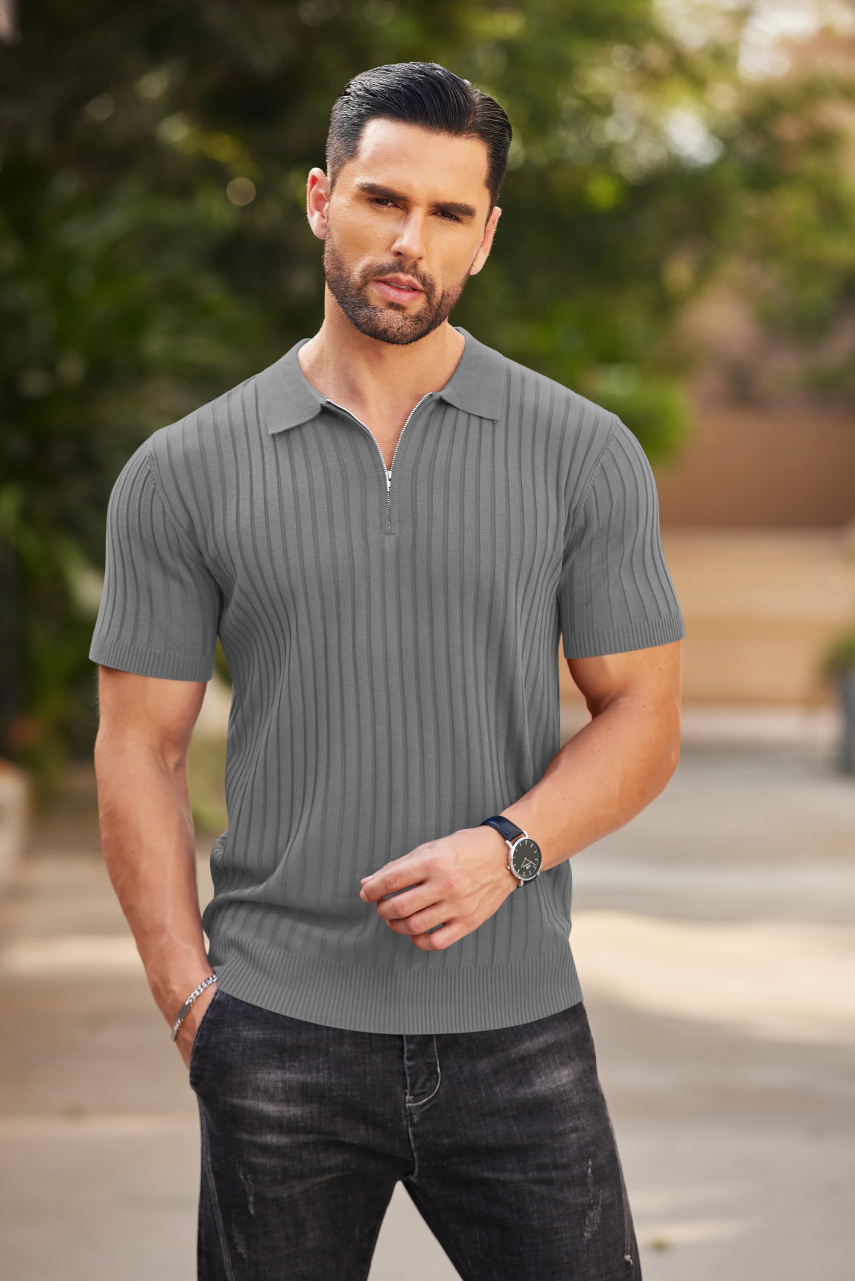 COOFANDY Męska koszulka polo z zamkiem błyskawicznym letnia koszulka polo z krótkim rękawem w paski elastyczna koszulka polo golf casual koszulka polo