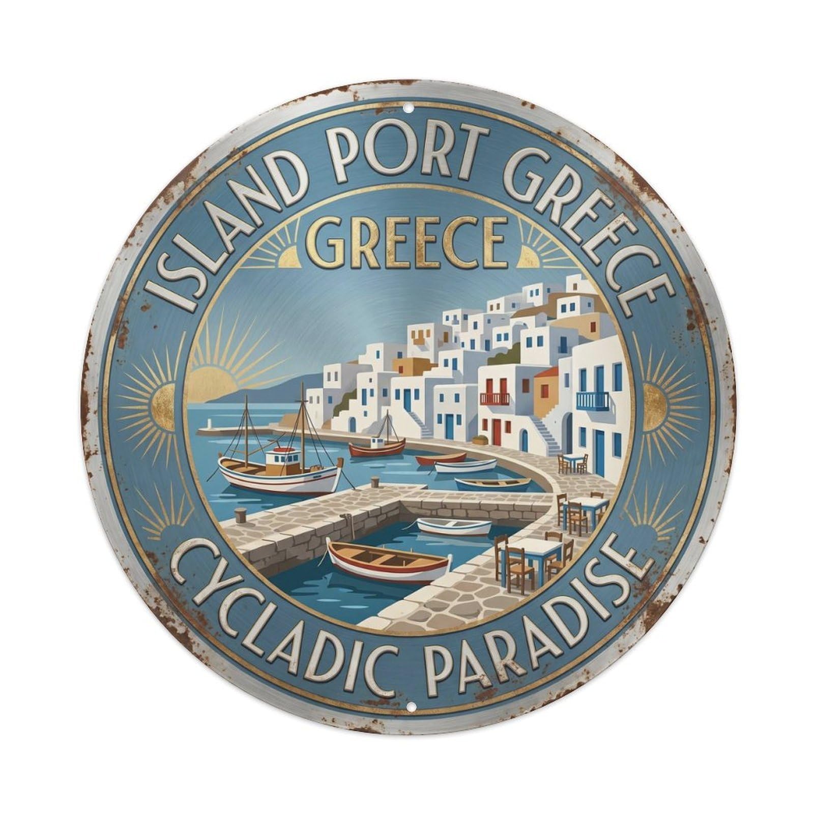 Vintage Travel Island Port Greece Mediterranean Metal Tin Sign