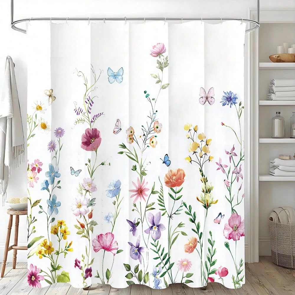 GLKSDLPO 1pc Floral Pattern Shower Curtain, Suitable For Bathroom, Watercolor Plant Pattern, Elegant Wild Flower Design, Home Bathroom Decor(84x212cm/33x83in(WxH)