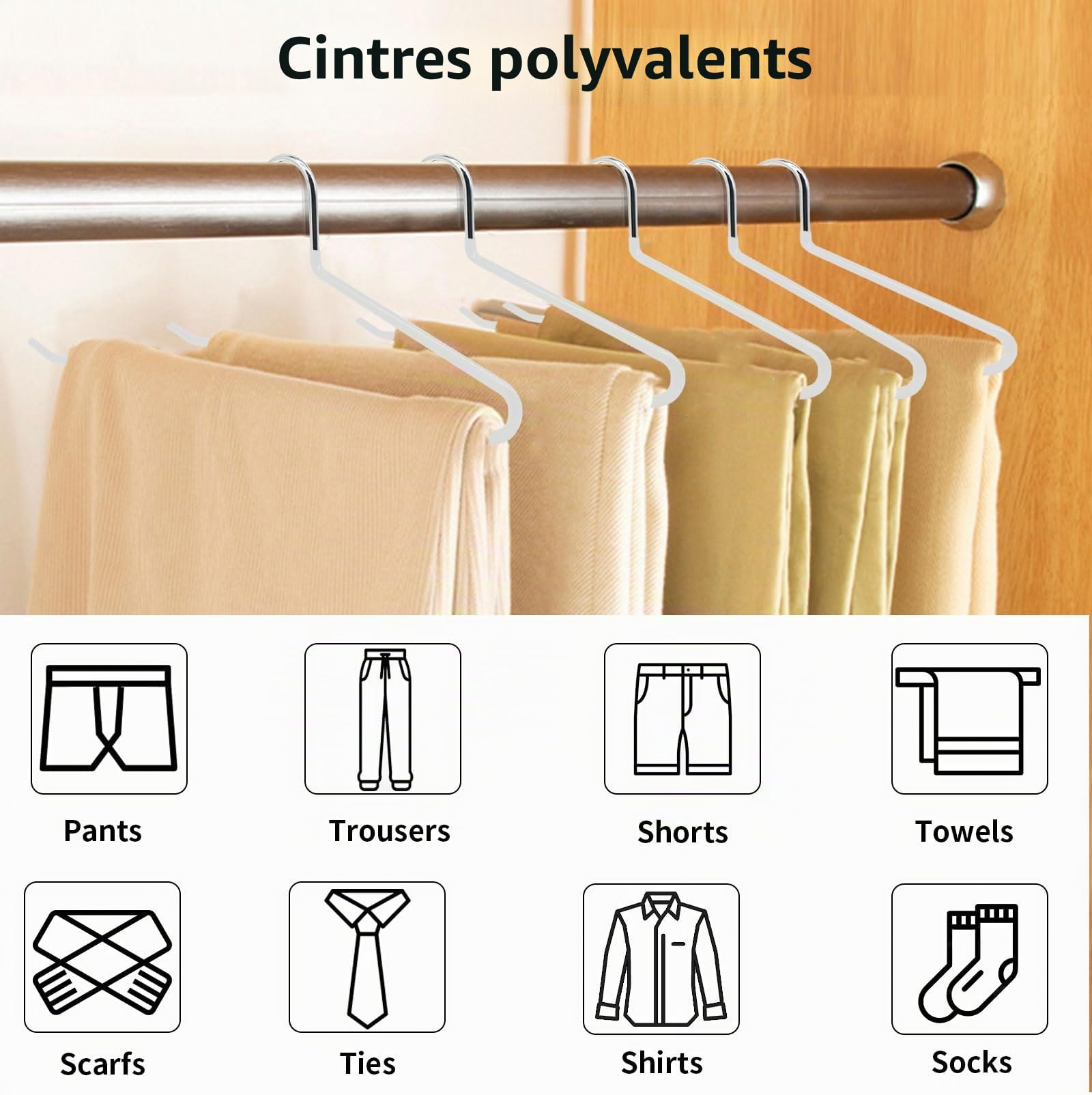 ABHENG Cintres Pantalons, Lot de 60, Accessoires de Rangement, Enfilage Facile, Chromé, Gain de Place, Porte-Pantalon Antiglisse, 38 x 0,5 x 13 cm, Blanc, AIY0560W