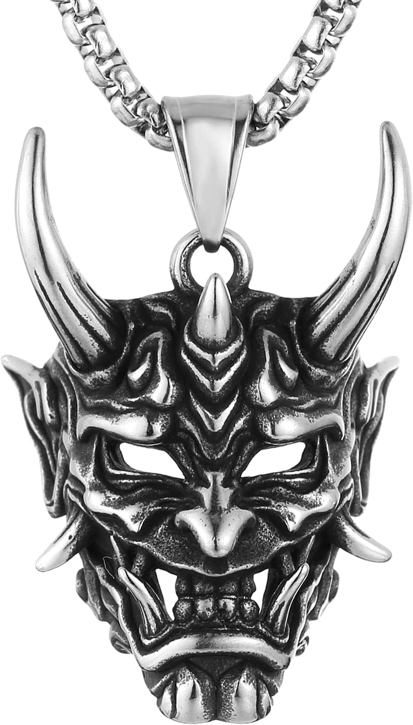 HZMAN Gothic Necklace for Men Prajna Mask Stainless Steel Silver Evil Demon Ghost Horn Skull Pendant