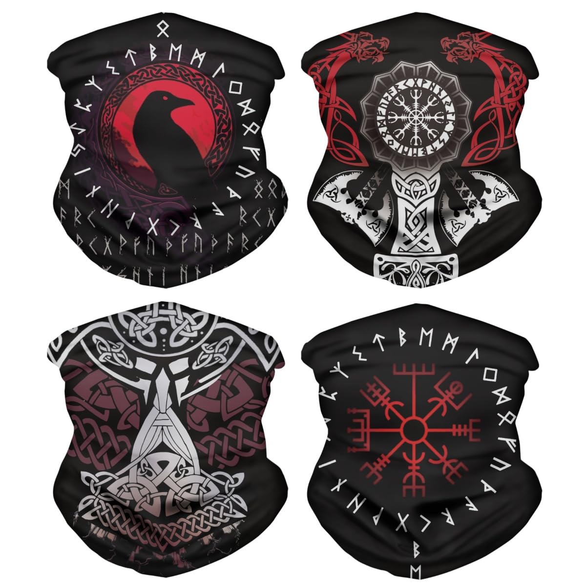 JooMeryer 4 Pack Northern Europe Viking Totem Seamless Rave Bandana Face Mask for Men Women Neck Gaiter Scarf Dust Wind Balaclava Headwear,Red Viking 4pcs