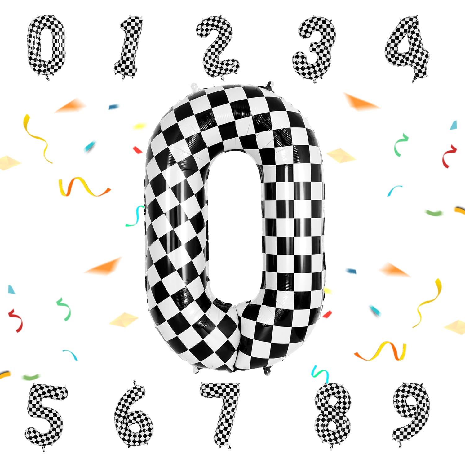40 Inch Checkered Number Balloon - Race Flag Pattern Big Helium Balloon for Birthday Party Decorations - Black & White Balloon for Kids Adults Party Supplies (Racing Car, Number 0)