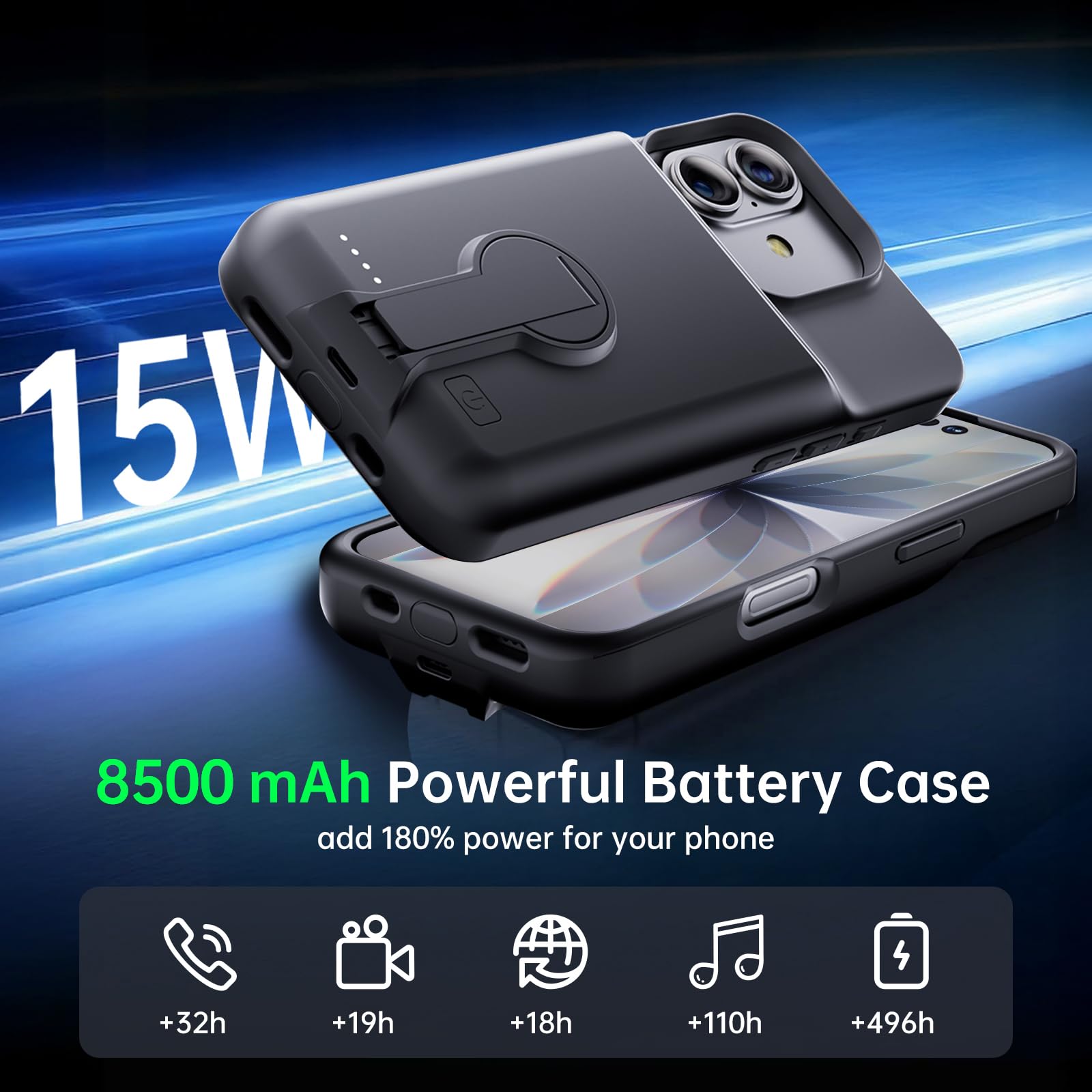 GIN FOXI Custodia con batteria per iPhone Custodia di ricarica caricabatterie portatile 6.3 pollici Nero