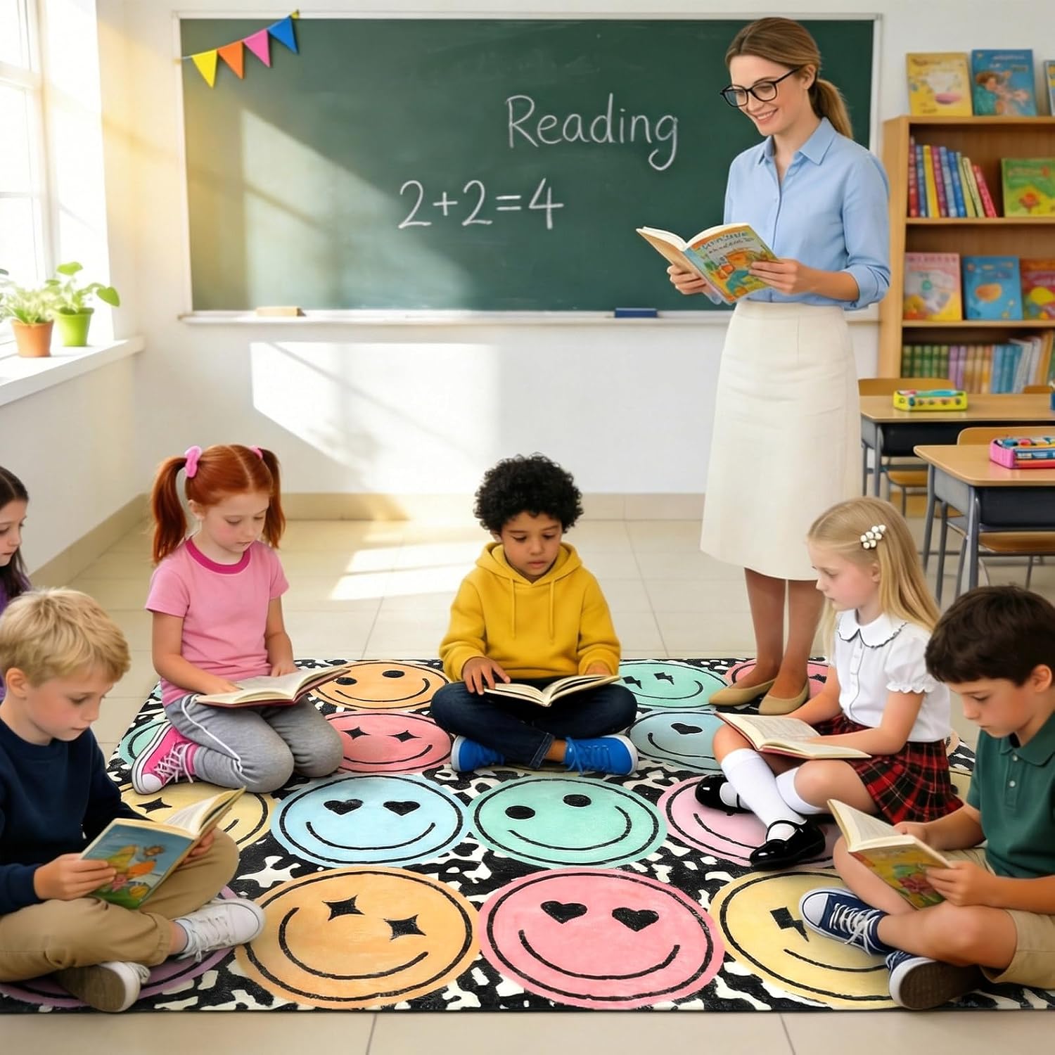 3.3x6.6 ft Pastel Smile Face Classroom Rug Composition Notebook Play Carpet Educational Area Rug Pastel Face Play Mat Non-Slip Back to School Floor Mat for Teaching Playroom Nursery Daycare Home Decor