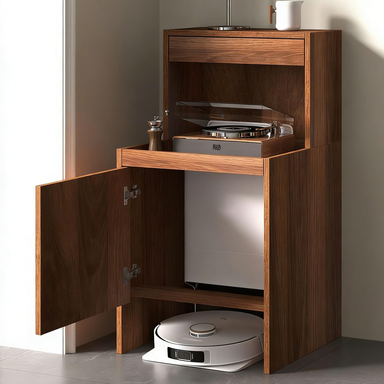MESCXTY Hidden Robot Vacuum Cabinet with Drawer – Concealed Base for Cleaner, Space-Saving Furniture Living Room & Bedroom(Brown)