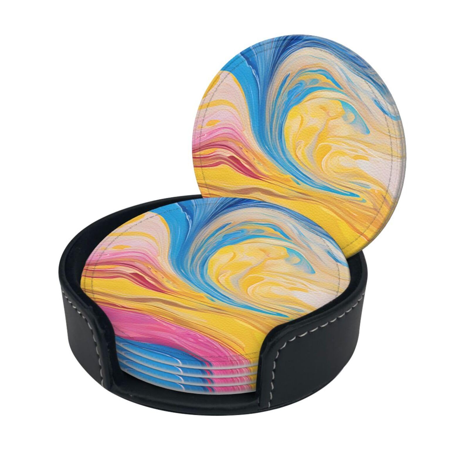 Colorful Tie Dye Print Coaster,Round Leather Coasters with Storage Box for Wine Mugs,Cold Drinks and Cups Tabletop Protection (6 Piece)