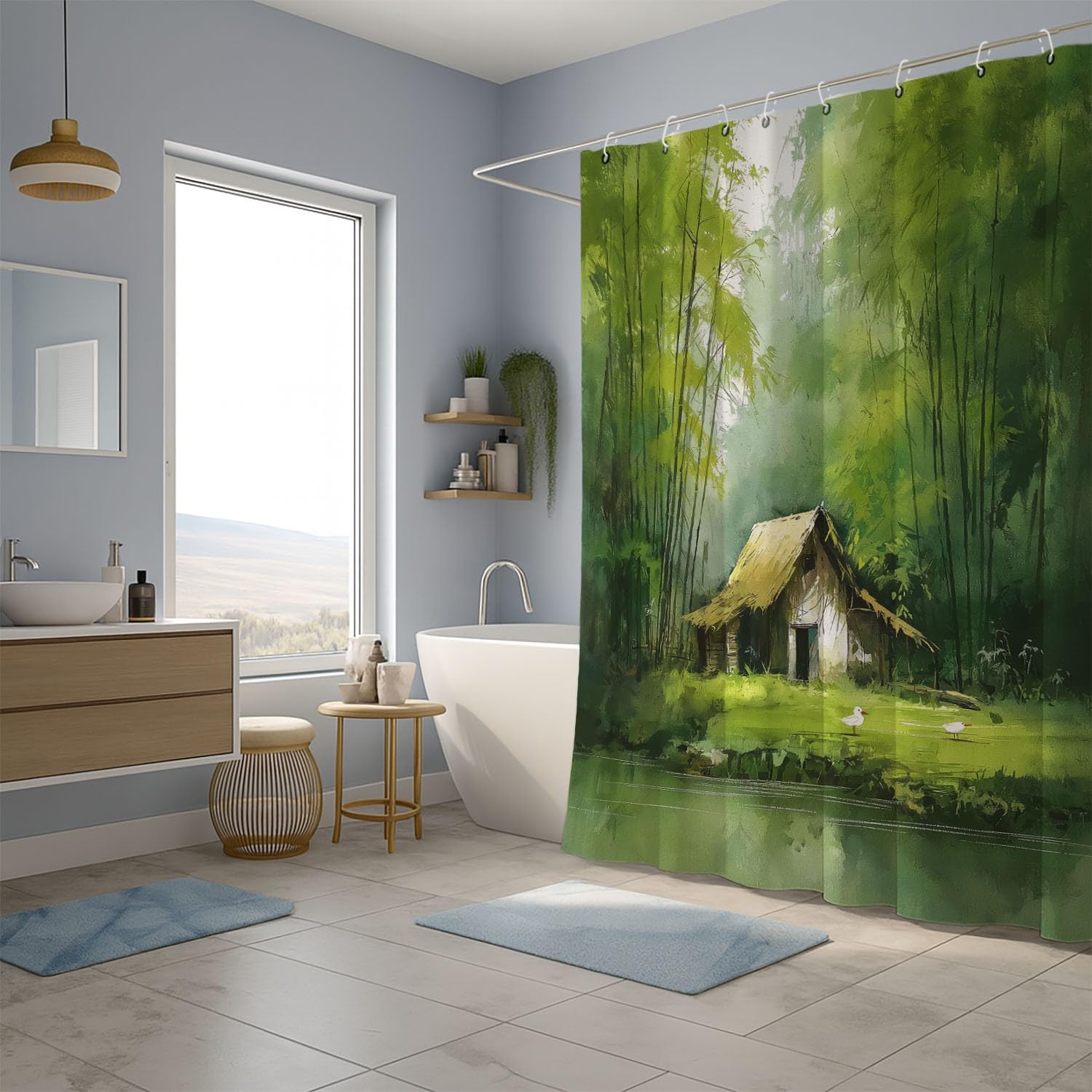 Generico Fantasia Tenda Da Doccia Calmo Elegante Paesaggio Verde, Tenda Da Doccia Per Bagno, Vasca Da Bagno, Tenda In Poliestere Impermeabile Con Ganci In Plastica, 180 x 180 cm