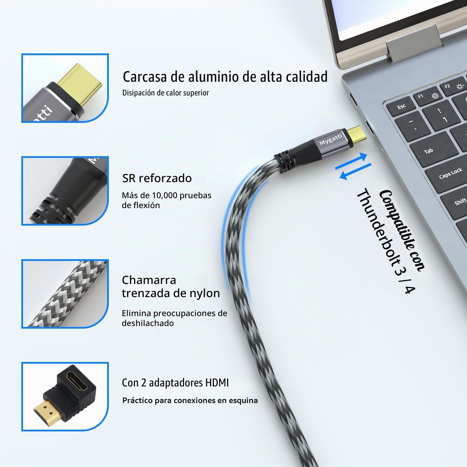 Cable USB C a HDMI 10 metros,4K@60Hz UHD (compatible con Thunderbolt 4/3),con adaptador HDMI en ángulo de 90 grados y 270 grados, compatible con iPhone 15/16, MacBook, iPad Pro/Air