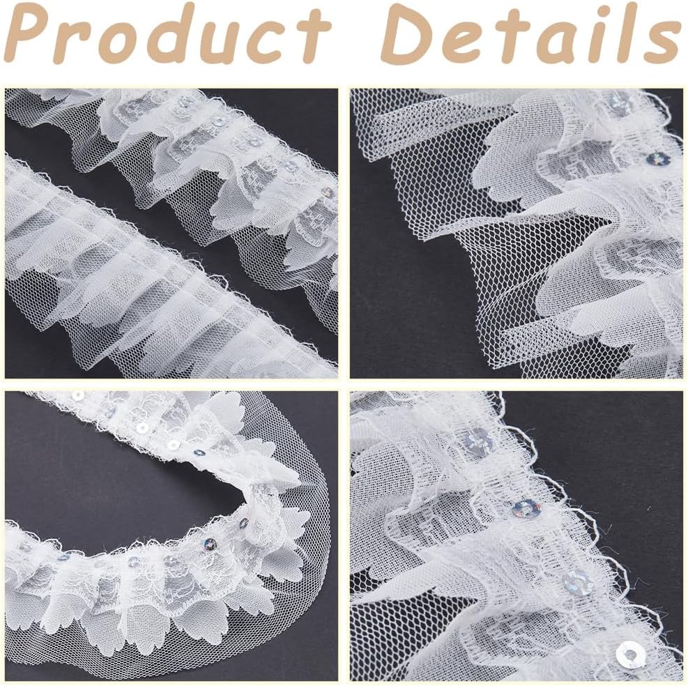GORGECRAFT 10m 3-Layer Pleated Chiffon Lace Trim 50mm Wide White Multi Layer Gathered Ruffle Mesh Organza Trim Sequins Tulle Edging Trimmings Ribbon for DIY Sewing Crafts Curtains Clothing Dressing