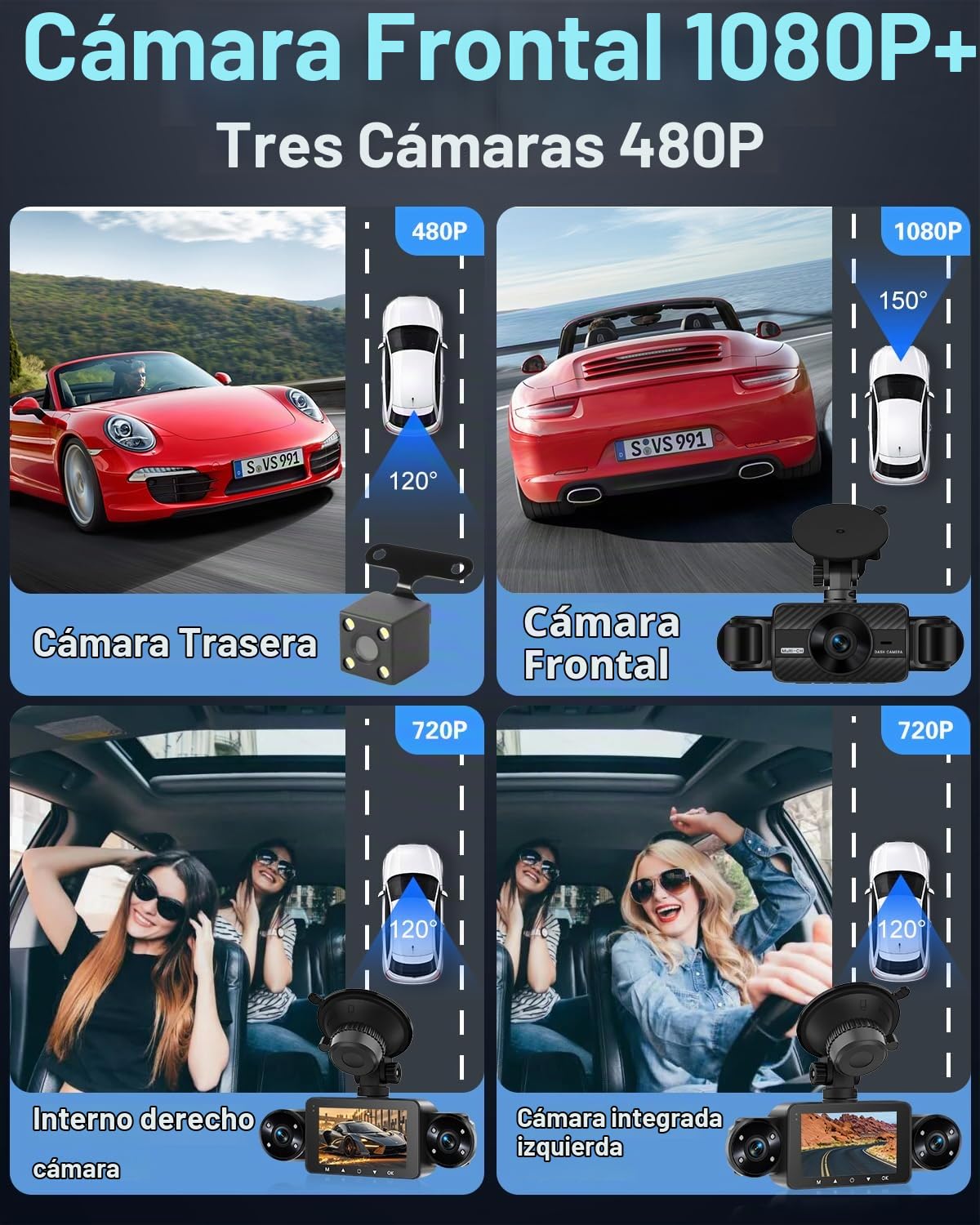 NHOPEEW Dash CAM de 4 Canales con Pantalla táctil IPS de 3 Pulgadas Frontal y Trasera con 8 Luces IR de visión Nocturna, grabación en Bucle, grabación de 24 Horas, Sensor G + Tarjeta TF de 64 G