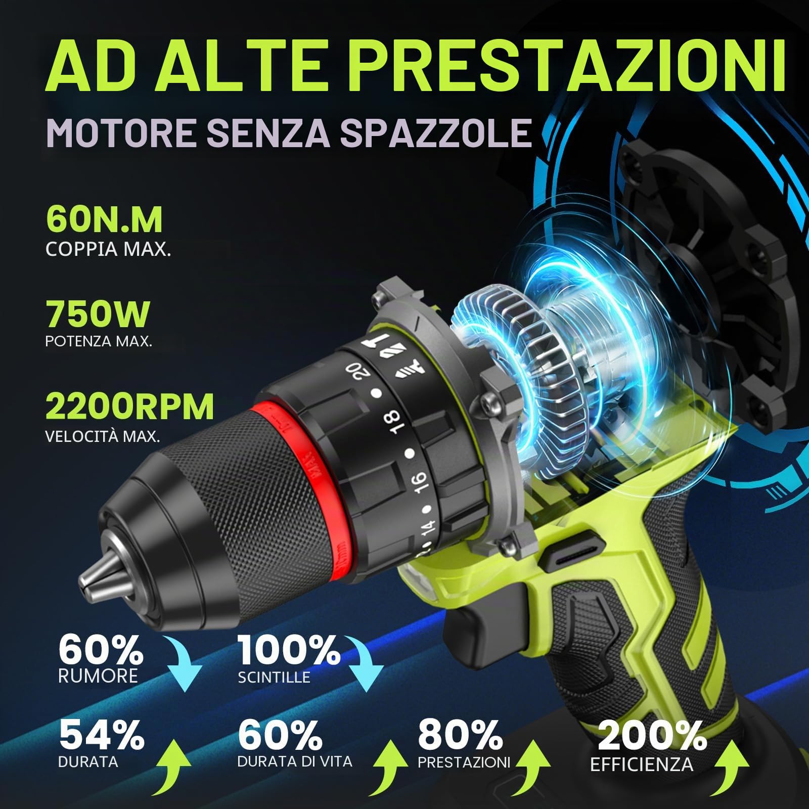 Martello perforatore a batteria da 21 V, set di avvitatore a batteria senza spazzole con 2 batterie da 2000 mAh, mandrino da 3/8", coppia 21 + 3, trapano a batteria max 60 N.m, luci a LED e 2 marce