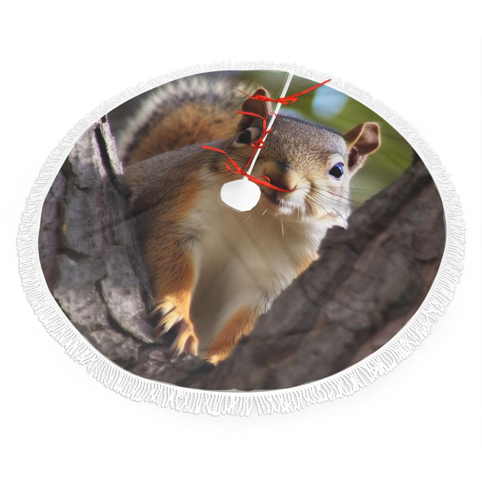 Squirrel in The Tree Christmas Tree Skirt 48", Soft Plush Xmas Tree Carpet with Tassel Christmas Ornaments Winter Holiday Tree Mat Decoration for Home Party Supplies