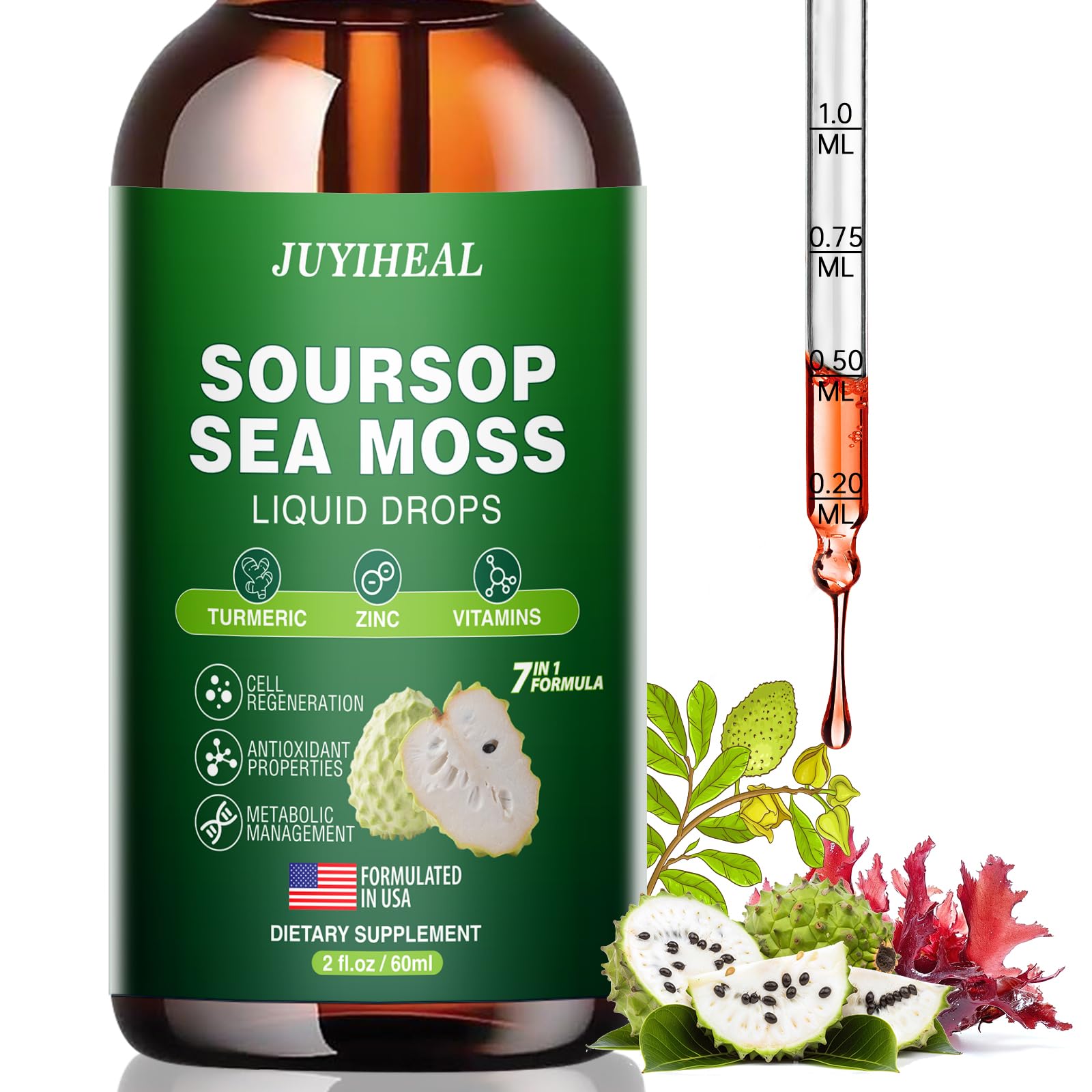 7-in-1 Soursop Graviola with Sea Moss Liquid Drops, Soursop Bitters Liquid Rich in Multivitamin for Digestive Antioxidant, Immune Boost, Cell Support & Regeneration, 2 Fl Oz
