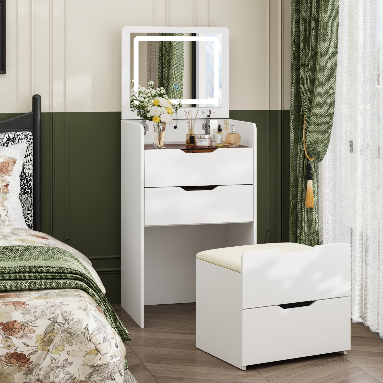 Homsee Makeup Vanity Desk Set with Lighted Mirror and Storage, Makeup Dressing Table for Bedroom with Adjustable Lighting, Tempered Glass Top and Pull-Out Stool, White
