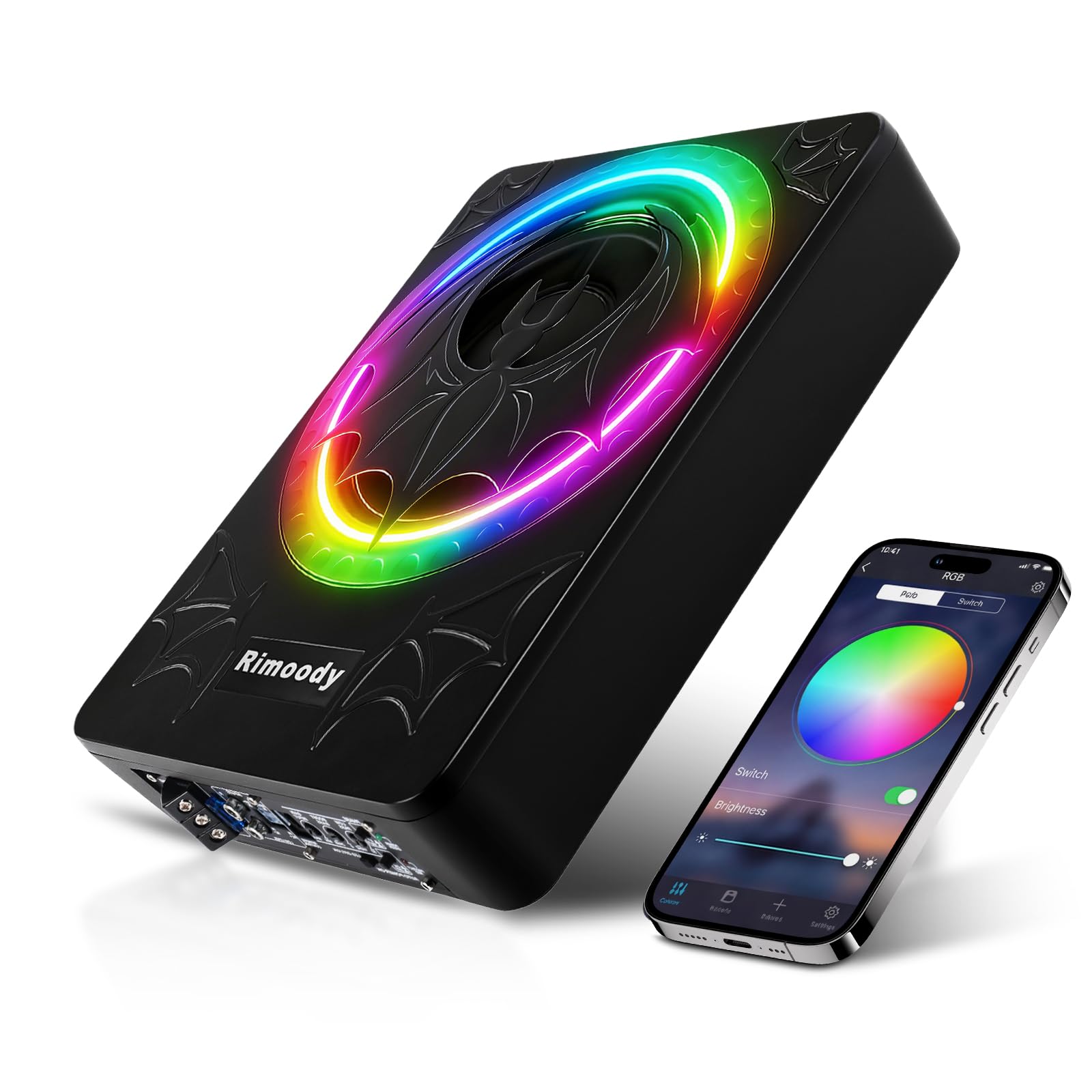 Rimoody Subwoofer Attivo a Progetto Piatto da 10 Pollici per Auto - 1200W Potenza Max, Bass Boost, Protezione Termica, Kit Montaggio Sotto Sedile LED Luci multiple