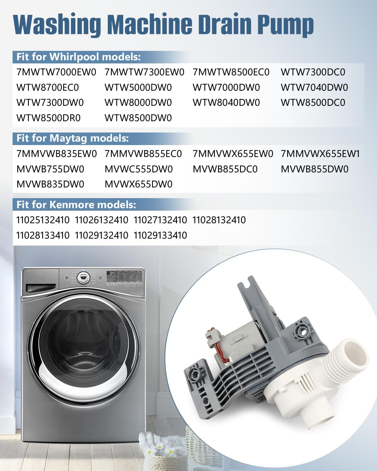 W10581874 Washing Machine Drain Pump Fit for Whirlpool/Maytag/Kenmore, Replace AP5949627 3449735 PS10056668 EAP10056668,Washer Drain Pump