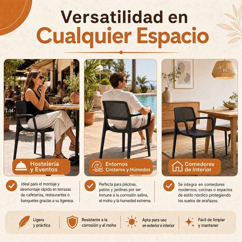 Pack 2 Unidades — Silla de plástico con reposabrazos y Respaldo Perforado para terraza o Interior Antracita