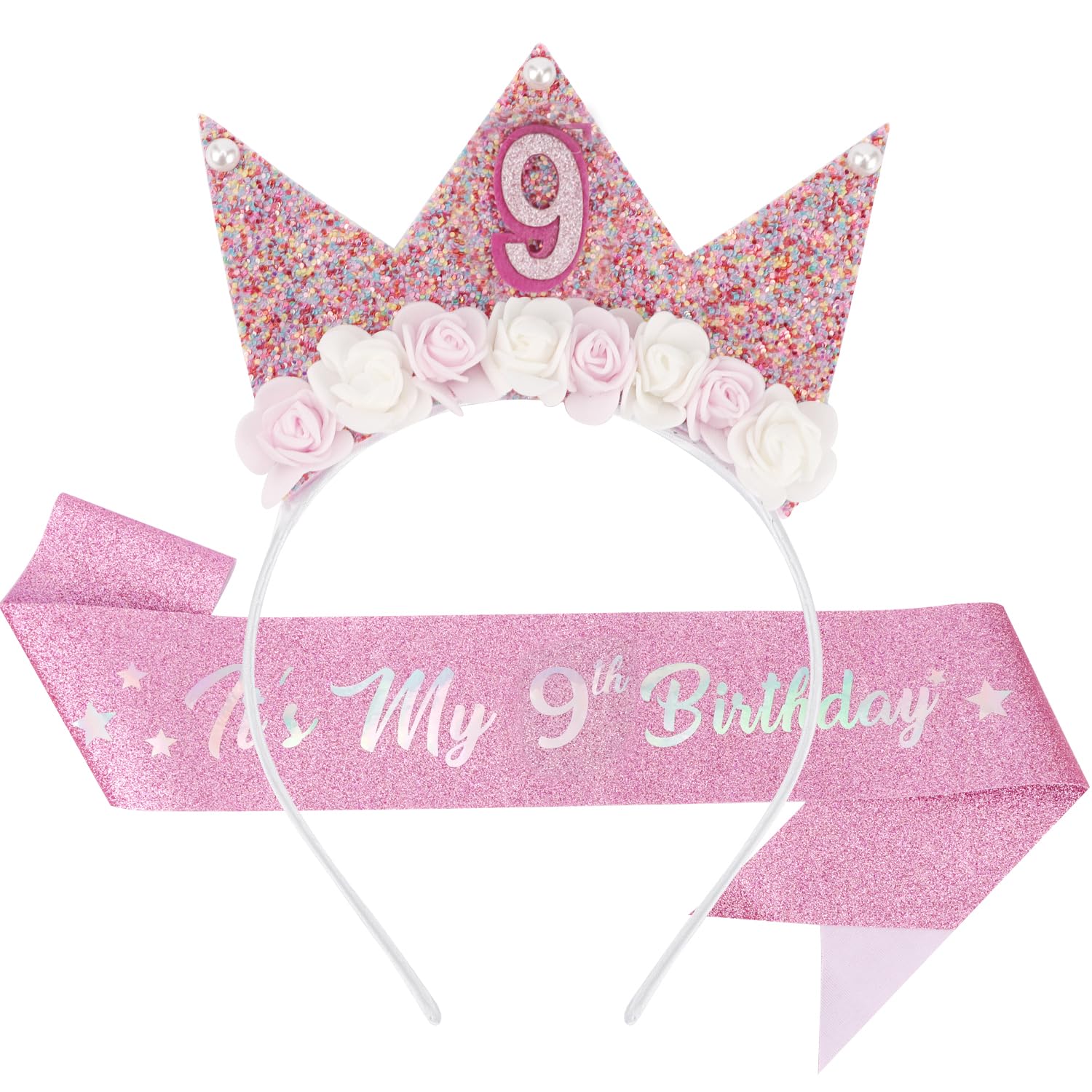 SuPoo 9th Birthday Girl Headband Crown & Sash Set - Decorations for Girl Flower Princess Tiara Glitter Pearl Hair Band - 9 Year Old Happy Birthday