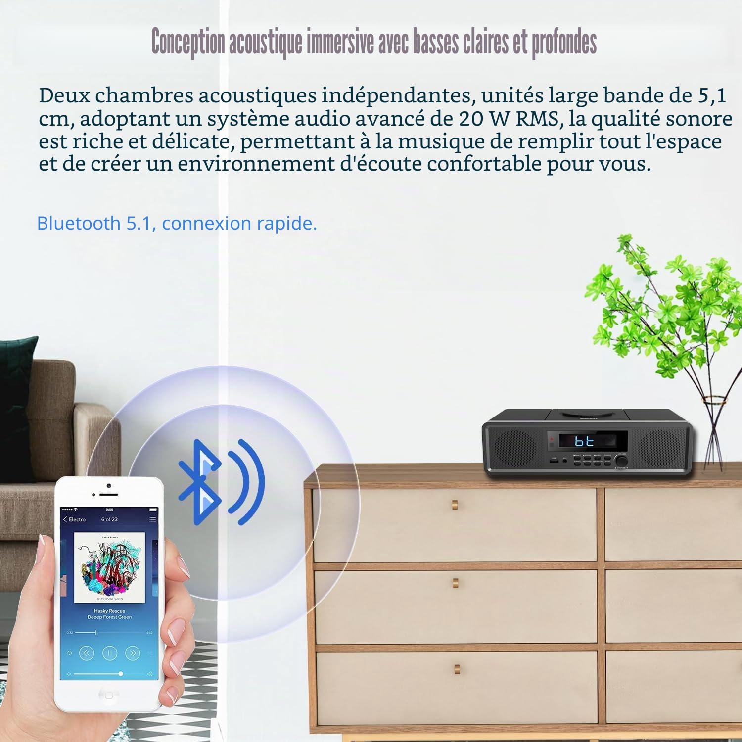 Système stéréo Home CD avec Lecteur CD, Radio FM, Bluetooth, entrée auxiliaire, Port USB, Montre numérique, Radio-réveil Lecteur CD, Micro Chaine Stereo (Noir)