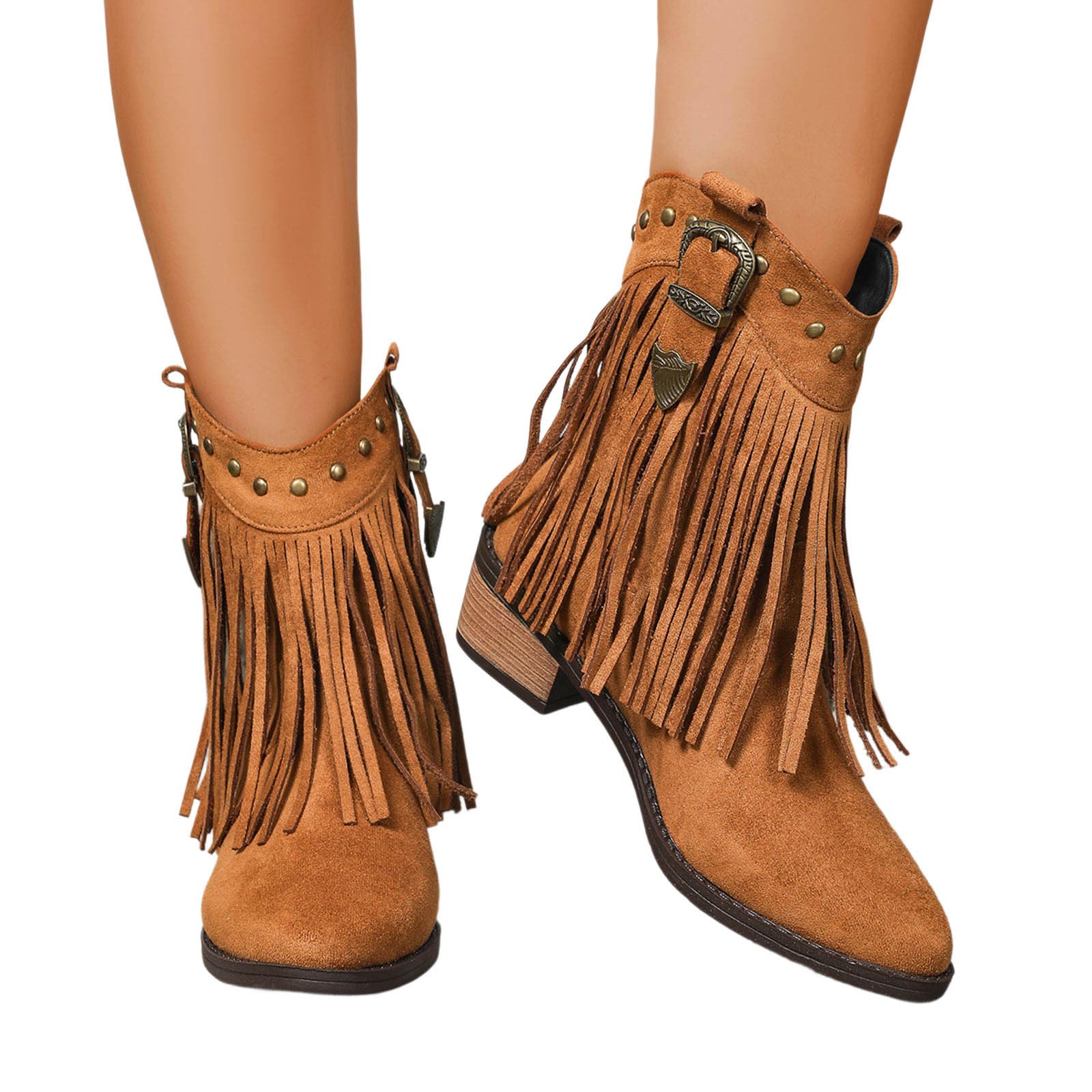 Damen Wildleder Cowboystiefel mit Fransen Blockabsatz Cowgirl Stiefeletten Faschingskostüme Damen Camperos Stiefel Leder Stiefeletten Western-Party Karneval Kostüm