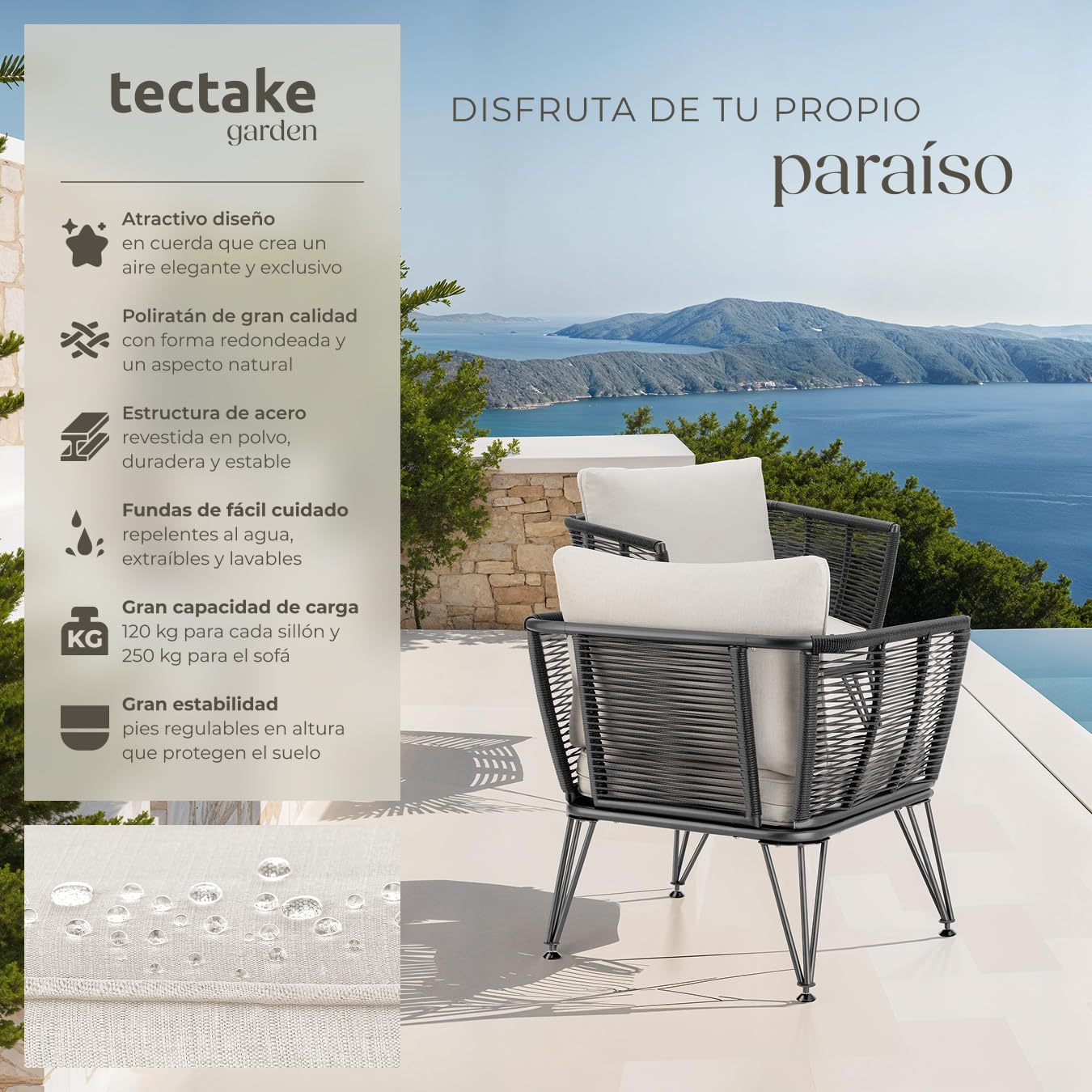 tectake® Sillas de Jardin Exterior de Ratán, Sillones de Jardin, Cojines, Sillas Exterior Resistente a la Intemperie, Sillones para Terrazas, Muebles de Jardín, Butacas de jardín - 4 Sillas