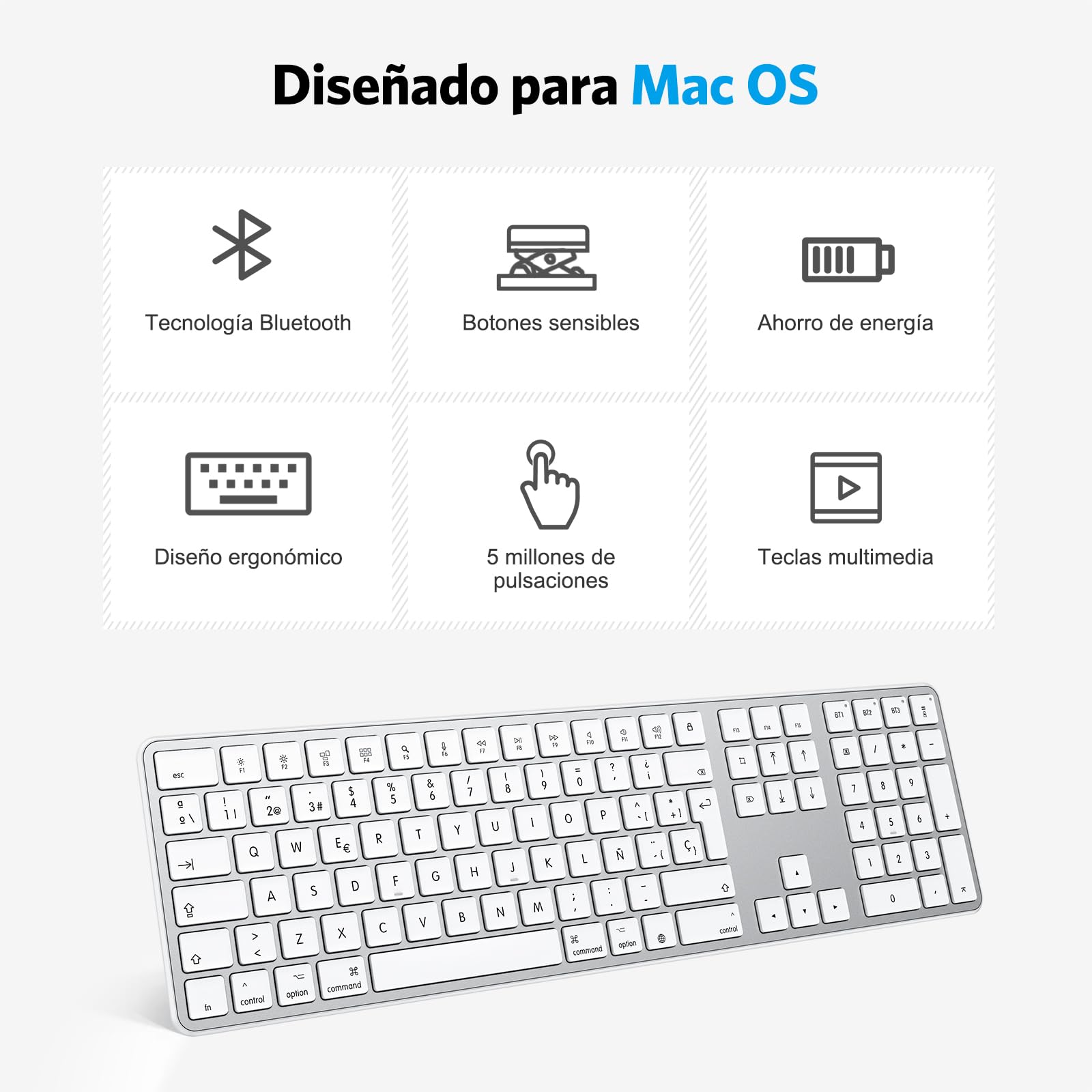 OMOTON Tastiera wireless Bluetooth per Mac, compatibile con MacBook Pro/Air, iMac/Mac Mini/Pro, ricaricabile e con 3 canali Bluetooth, distribuzione spagnola (argento)