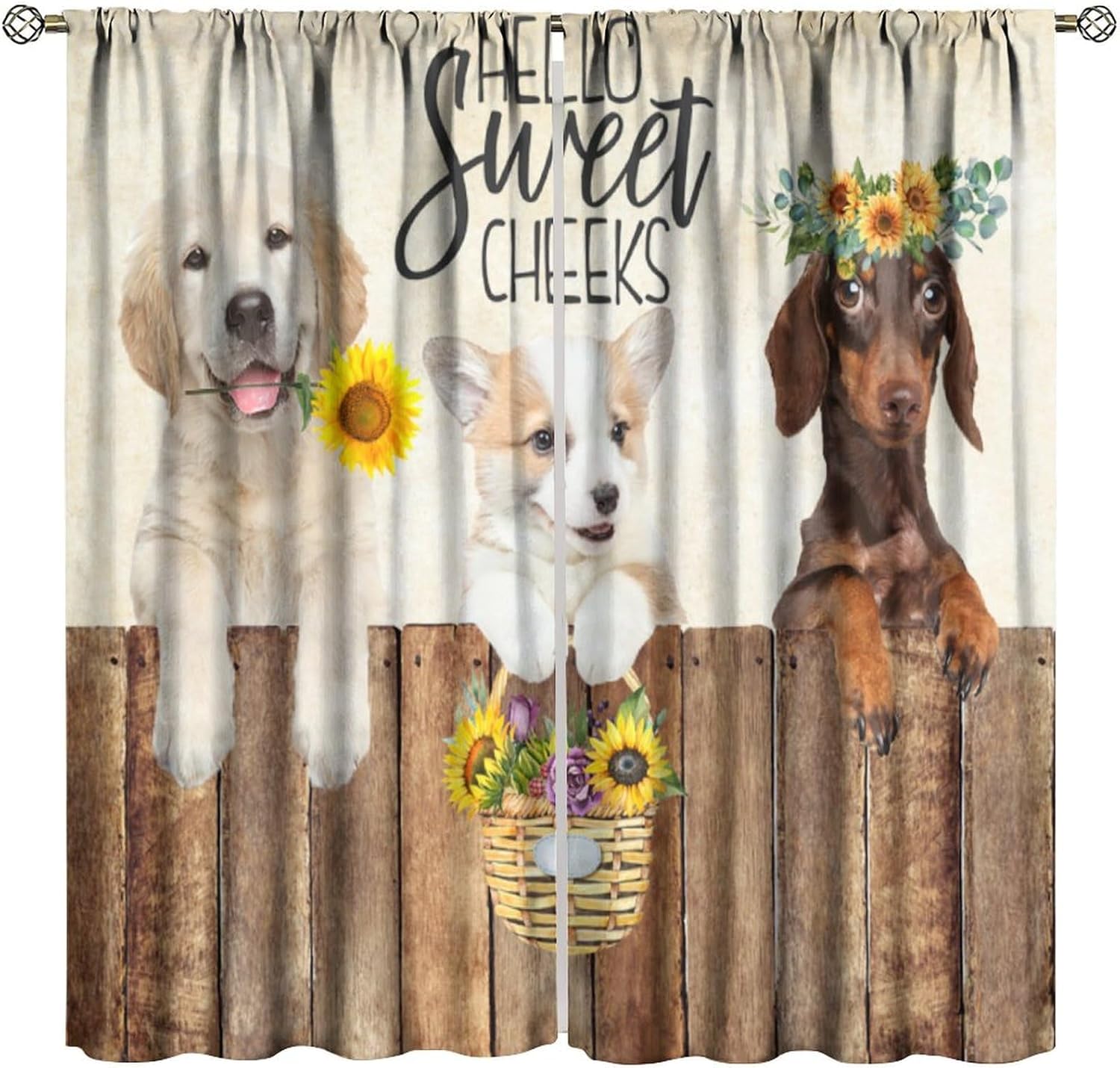 Funny Dog Blackout Window Curtain Cute Kids Farmhouse Sunflower Western Rustic Retro Vintage Art Printed for Home Kitchen Livingroom Coffee Room Window Curtain 2Panel 42" W X 45" L