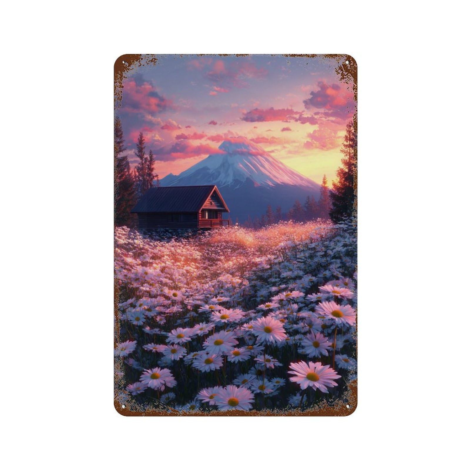 Mountain Cabin Sunset Daisies Rust Effect Tin Sign 11.8"x7.9", Farmhouse Wall Decor for Living Room, Hallway And Home Decor