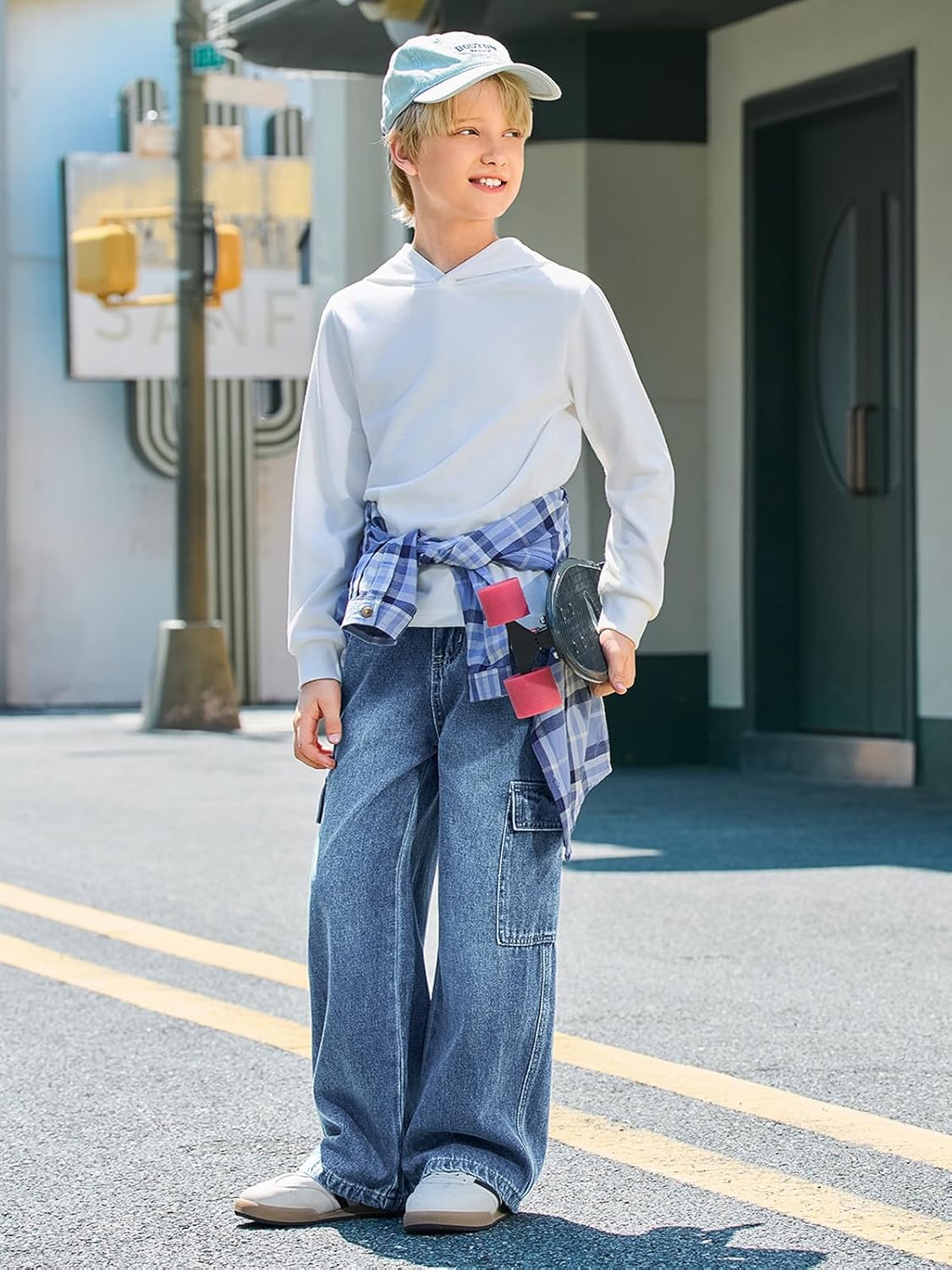 Haloumoning Boys Cargo Jeans Kids Baggy Elastic Waist Wide Leg Denim Pants with Pockets 5-14 Years - Image 5