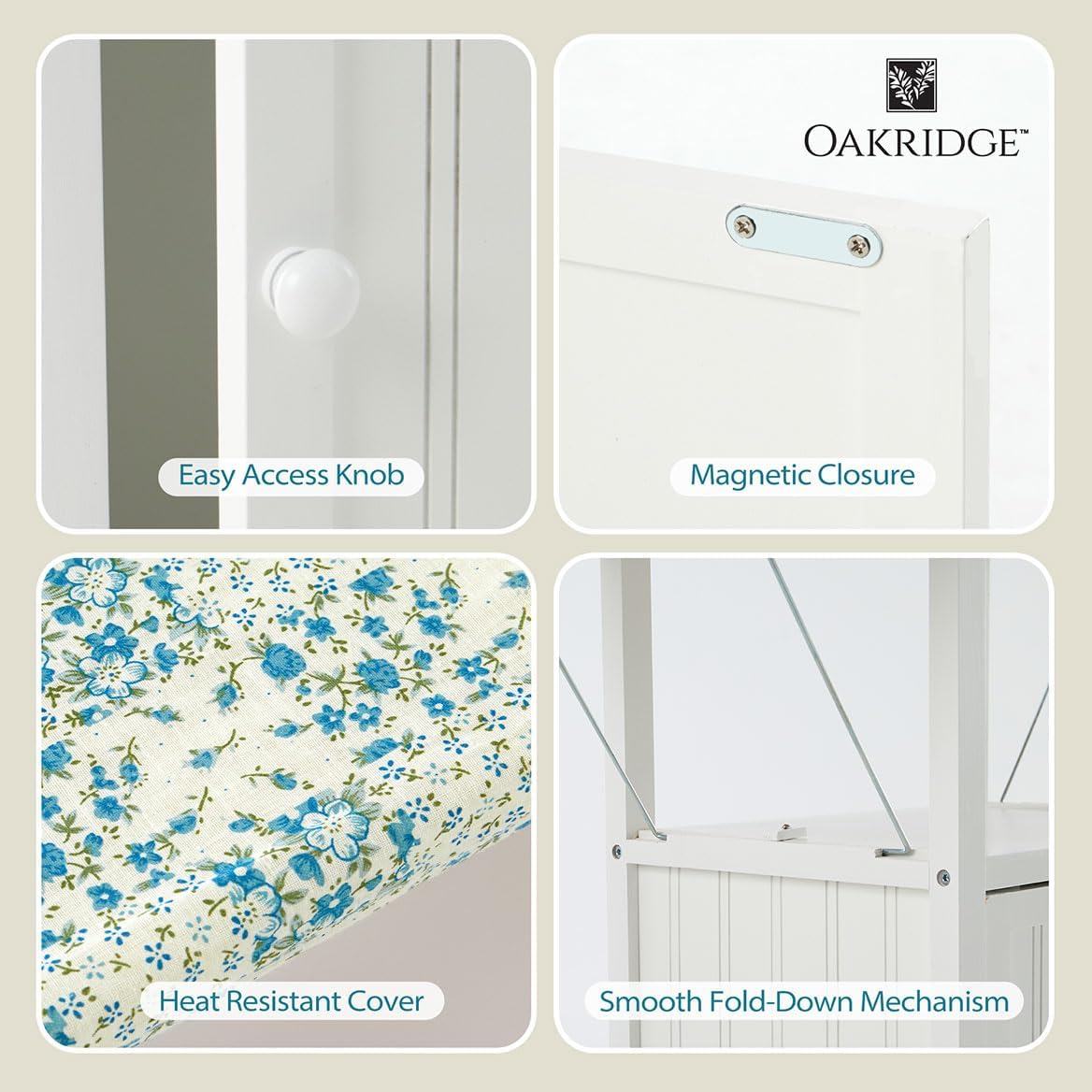 OakRidge Deluxe Ironing Board with Storage Cabinet, Perfect for Small Spaces with Extra Storage, Folding Station, Crafted with 100% Durable Wood, White Design – Measures 36.5" H x 15.5" W x 23" L
