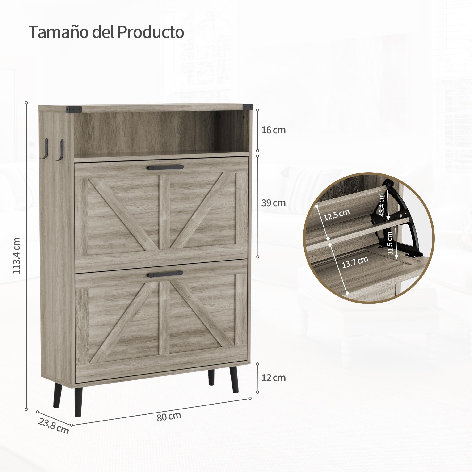 BonVache Zapatero estrecho con 2 solapas, zapatero con 4 estantes, zapatero de madera, 80 x 23.8 x 113.5 cm, gris
