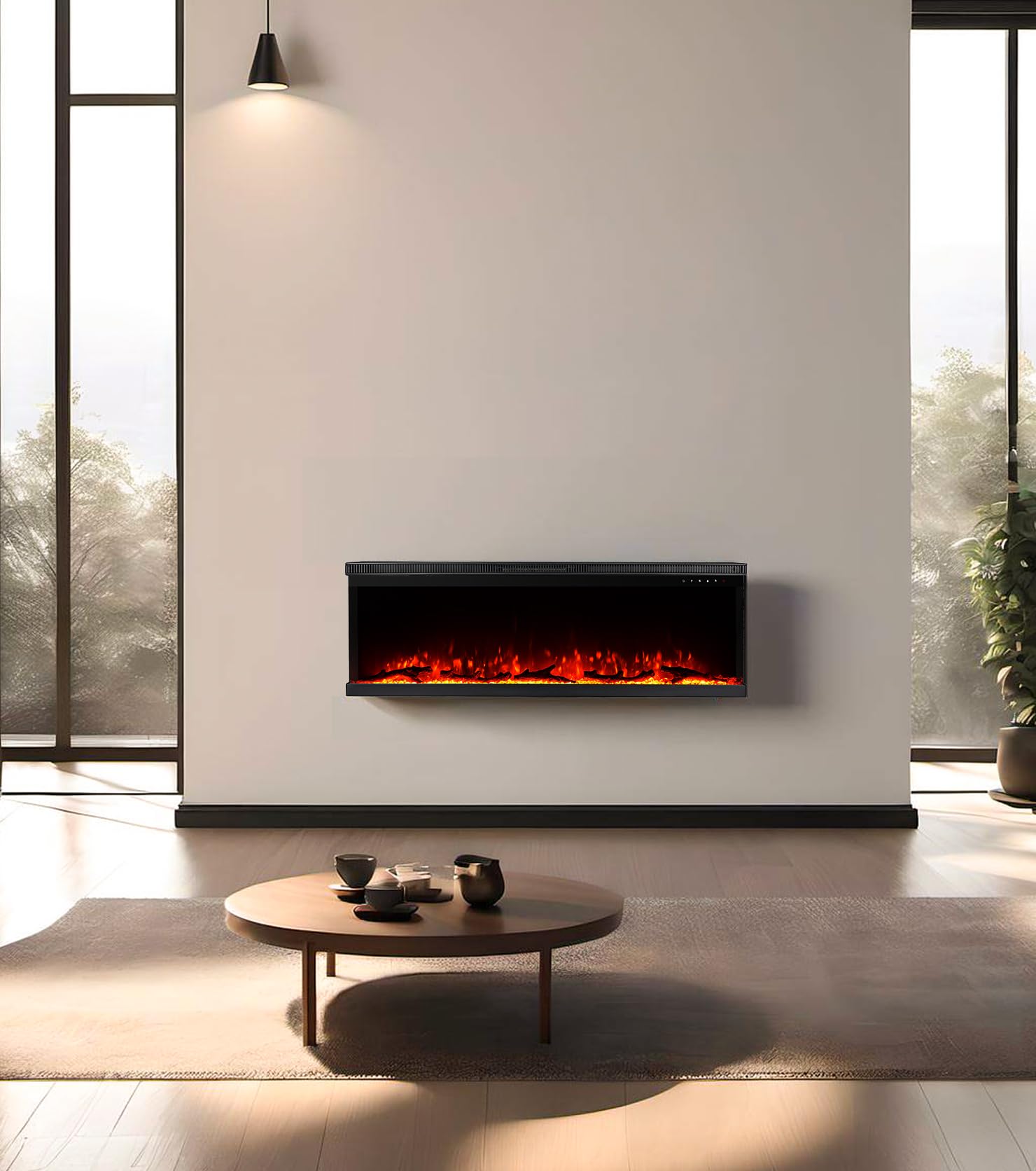 M.C.Haus Camino Elettrico di Lusso a 3 Lati con 3 Modalità di Installazione, Caminetto da Incasso su Parete Multimediale, Effetto Fiamma Elettrica con 9 Colori, 1800W, 127 cm/50", Nero