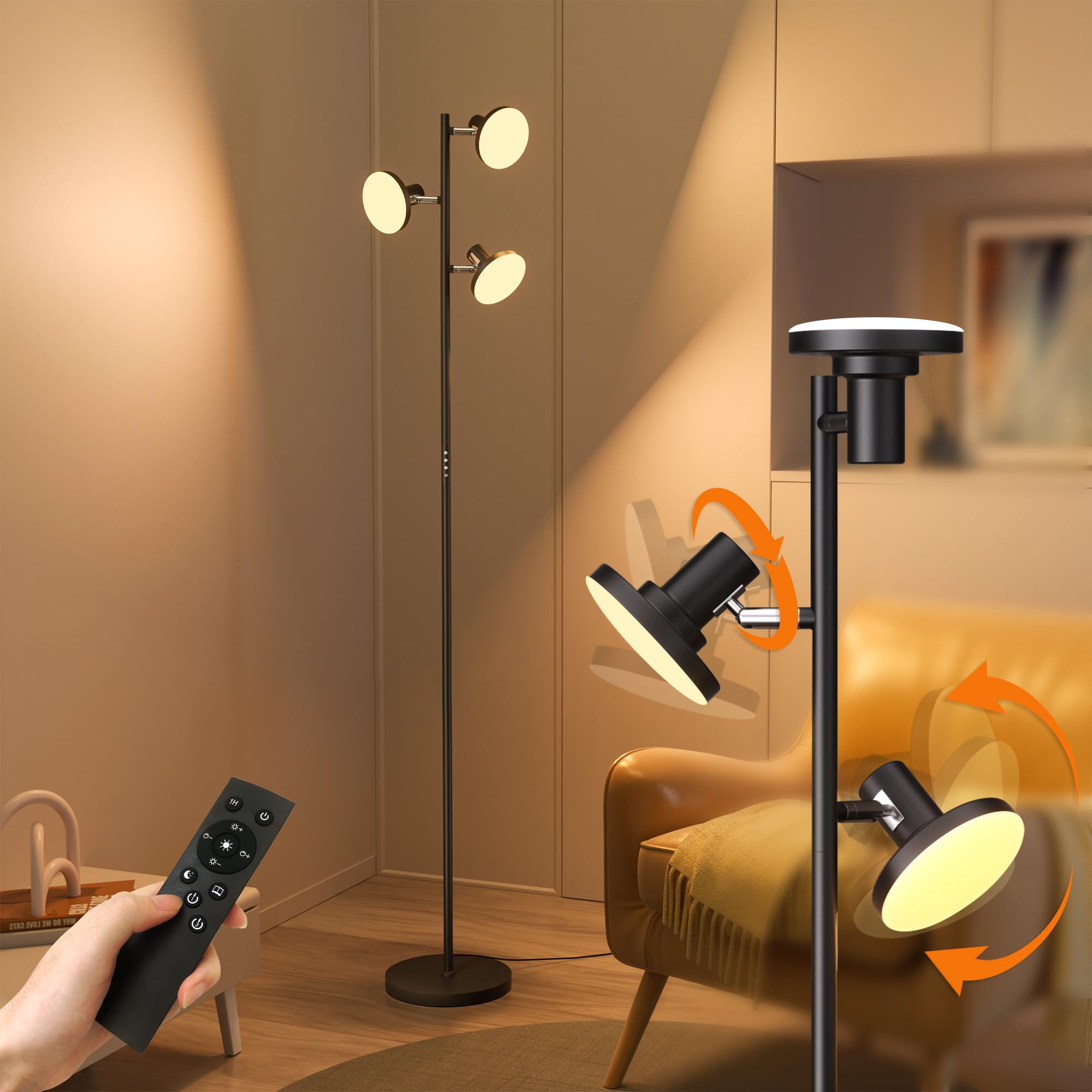 JACKYLED Stehlampe Wohnzimmer, 3-flammige LED Stehlampe, einzeln steuerbar mit Farb- und Helligkeitswechsel, Fernbedienung & Tastensteuerung für Büro & Schlafzimmer, Schwarz