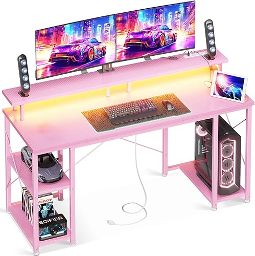 Miniatura 8 de ODK Escritorio para juegos de 55 pulgadas con luces LED y tomas de corriente, escritorio para computadora con soporte para monitor y estantes de