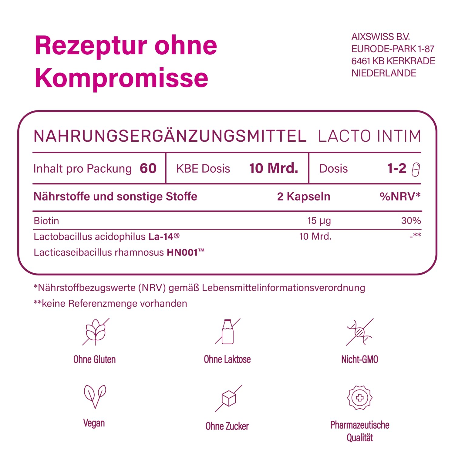Nupure® Lacto Intim Milchsäurebakterien für Scheide, Zur Regulierung von Vaginalbakterien, Plus Biotin für die Schleimhäute, Orale Einnahme, Vaginal Probiotics, 60 Kapseln, Vegan, laktosefrei.