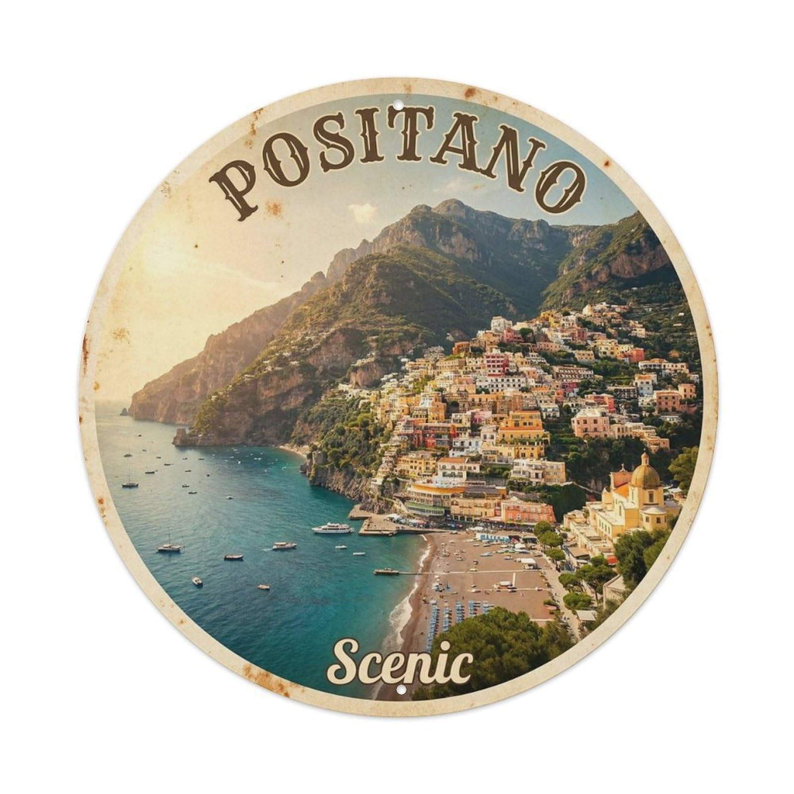 Mediterranean Positano Coastal Route Vintage Holiday Metal Tin Sign Plaque Wall Decor for Cafe, Man Cave, Club Bar, Office, Home Garden Round Metal Poster 8x8Inch