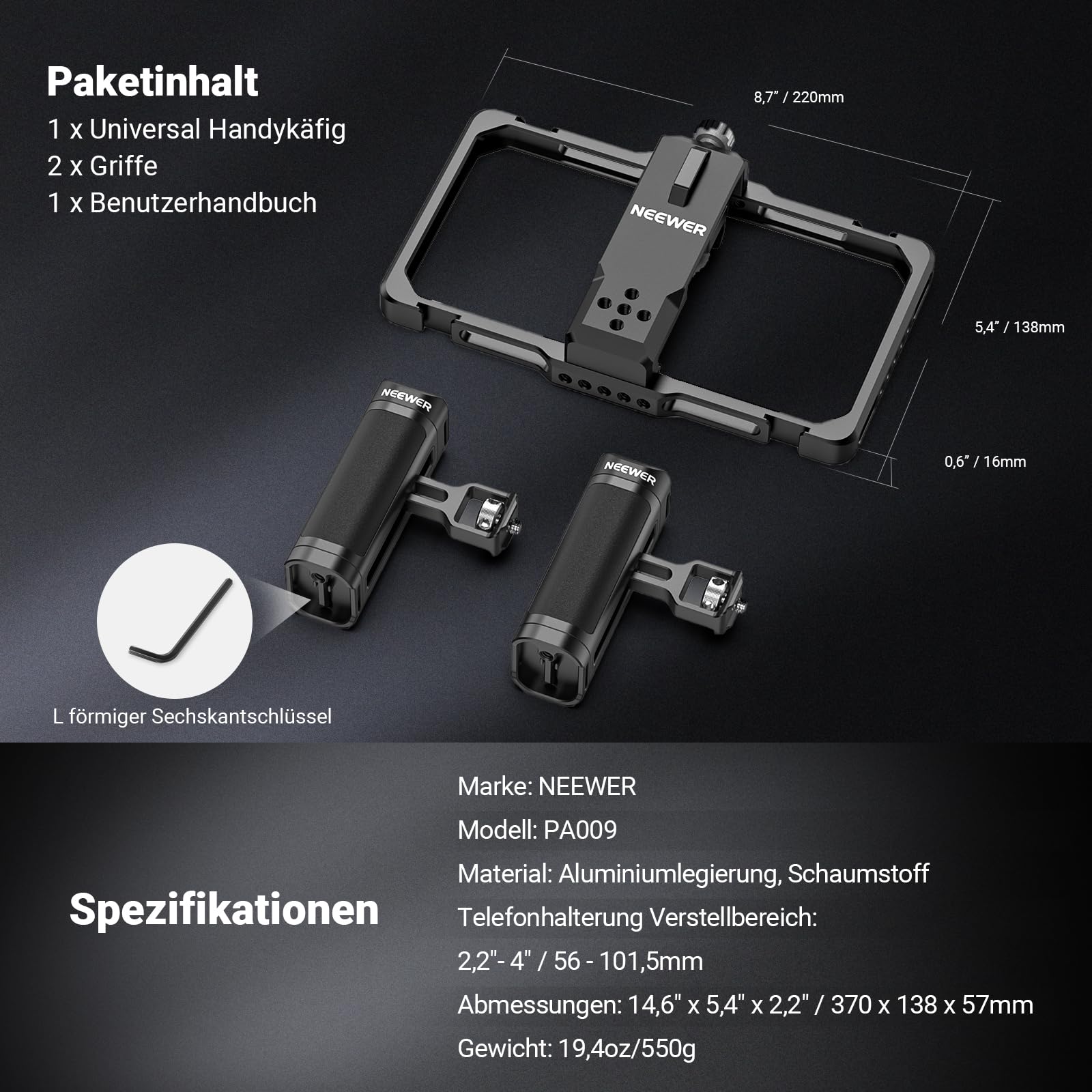NEEWER Verbessertes Smartphone Rig Vlogging Kit, Videostabilisator, kabelloser Mikrofonclip Steckplatz für TikTok YouTube, kompatibel mit SmallRig iPhone 17 Pro Max 16 16e 15 Galaxy S25 Ultra, PA009