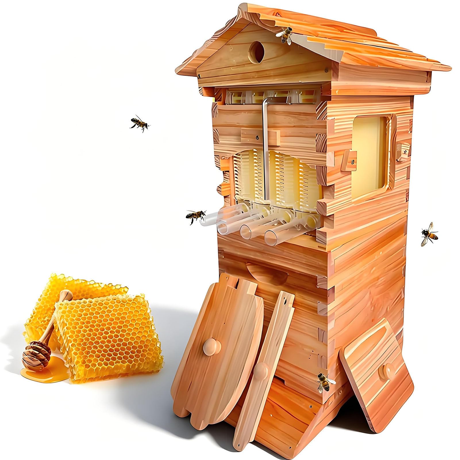 Arnia a Flusso Automatico,Kit Completo Apicoltura in Legno,Finestra di Osservazione,Beccuccio per Miele,Telaini E Vassoi Favi,Attrezzatura per Principianti E Giardino